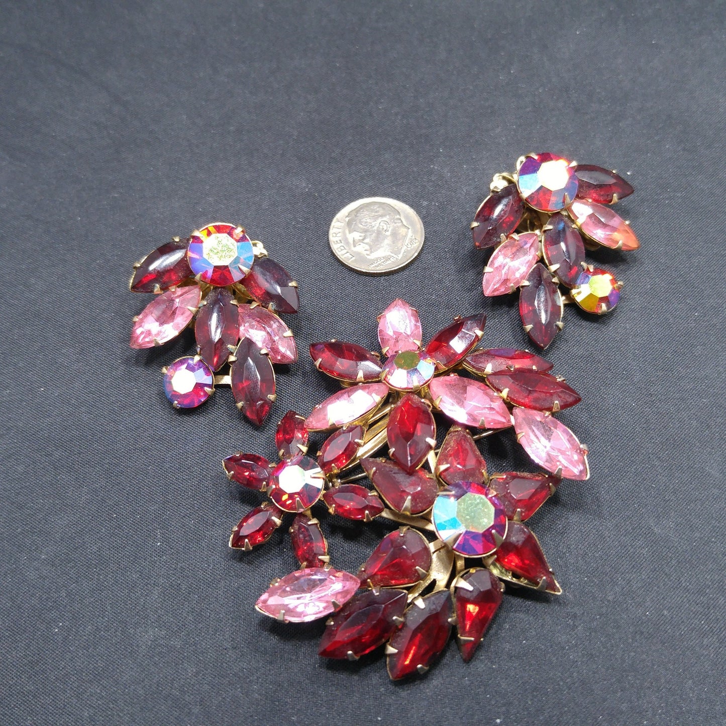 Vintage Beau Jewels Rhinestone Set – 1950s Brooch & Earrings, Red AB Crystals
