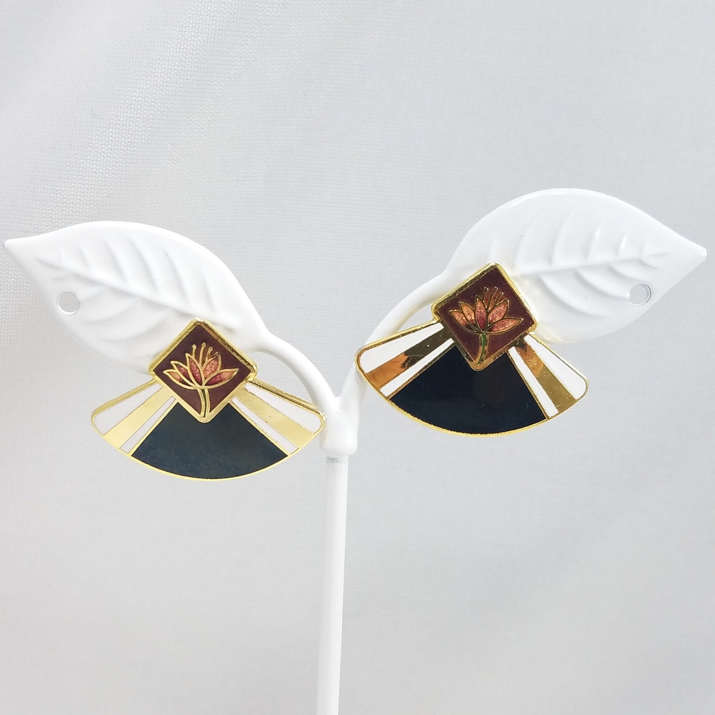 Vintage Laurel Burch WATER LILY Fan Gold Cloisonne Earrings, Gold Filled Posts