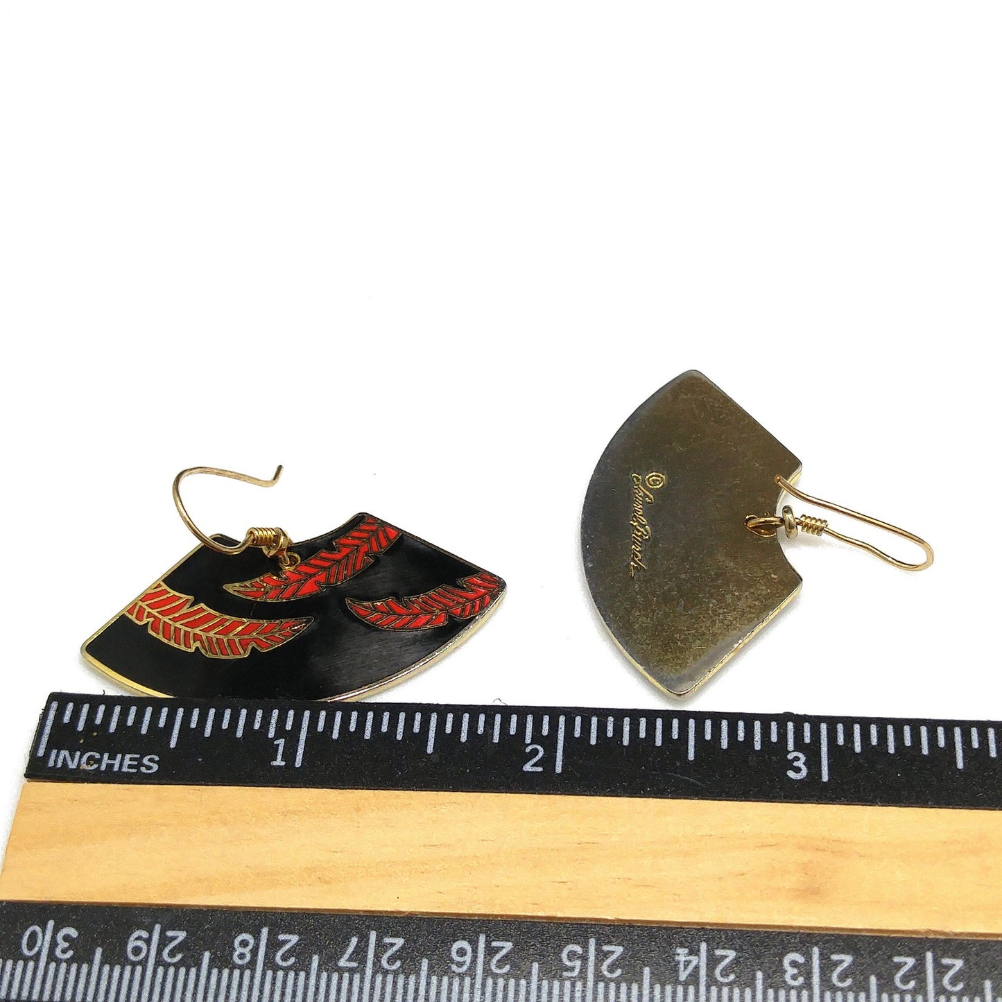 Laurel Burch Large Fan Earrings, Palm Leaves Design, Black Red Enamel, Gold Plated, 1980s