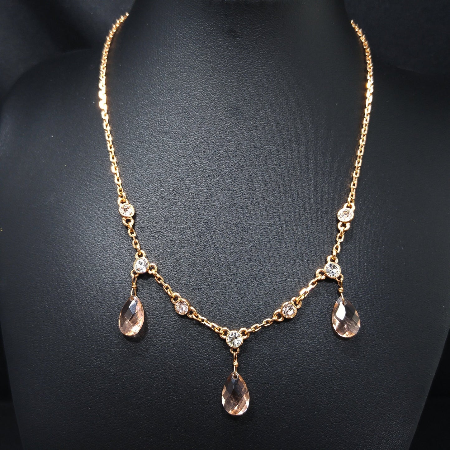 Givenchy Rose Gold Crystal Necklace – Three Drop Clear Rhinestones – Vintage Jewelry