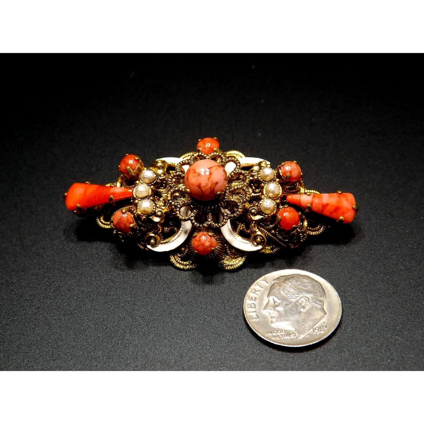Germany Orange Art Glass Filigree Brooch, Faux Pearls, White Enamel, 1940s Vintage Jewelry