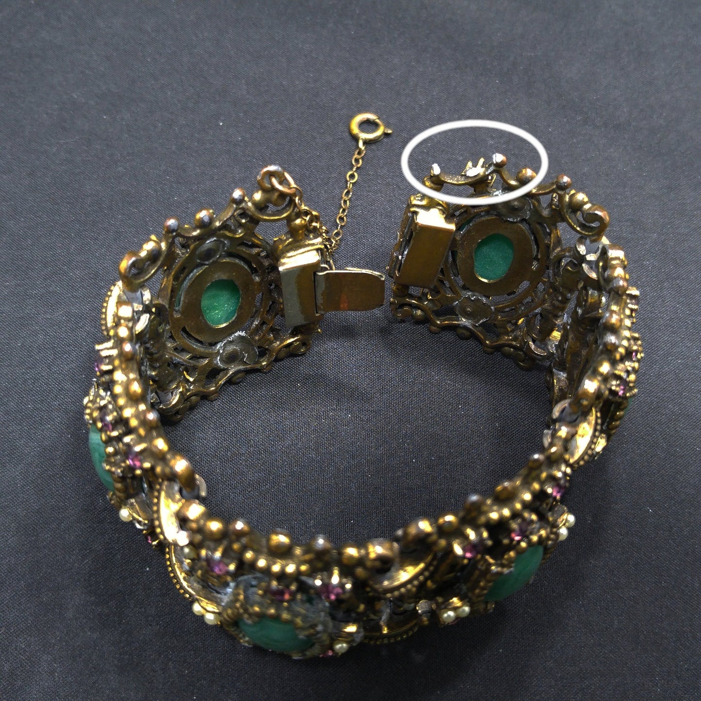 Victorian Style Faux Jade Wide Bracelet, Unsigned Joseff of Hollywood, 1940s Vintage Jewelry