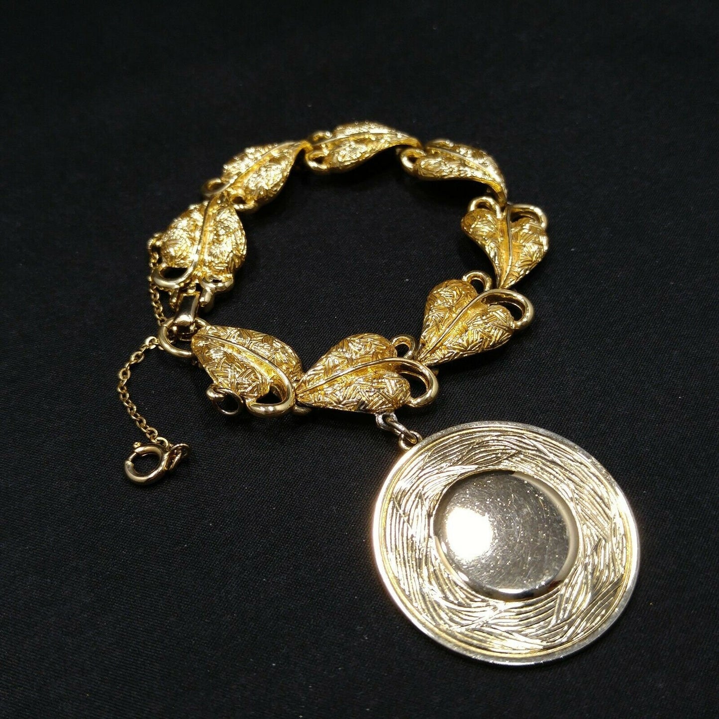 Coro Pegasus Heart Leaf Bracelet, Engravable Charm, Gold Plated, 1950s Vintage Jewelry