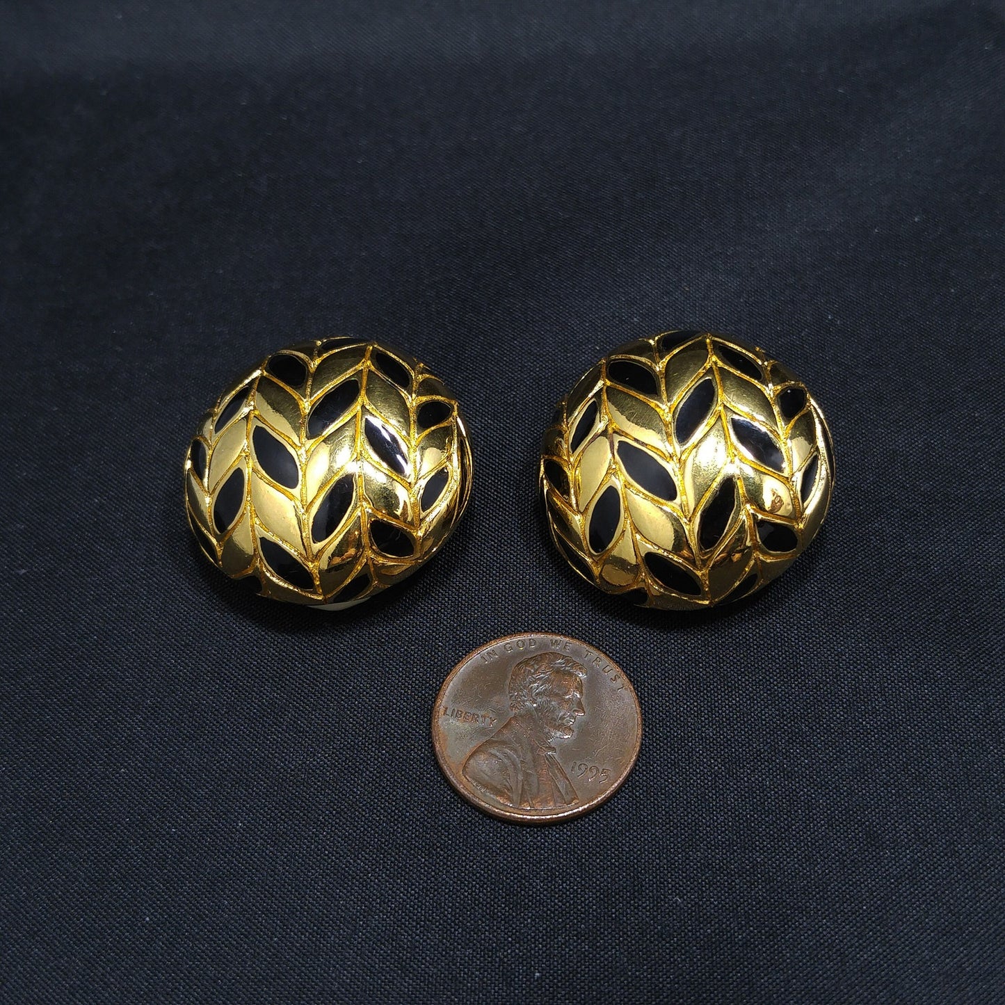 Ciner Gold & Black Clip Earrings, Gold Plated, Black Enamel, 1980s Vintage Jewelry