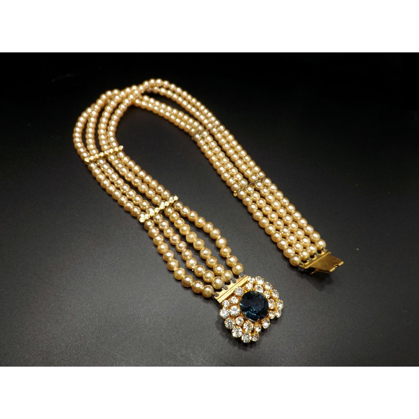 Blue Rhinestone Faux Pearl Collar Necklace, Three Strands, 14 Inches, 1950 Vintage Jewelry