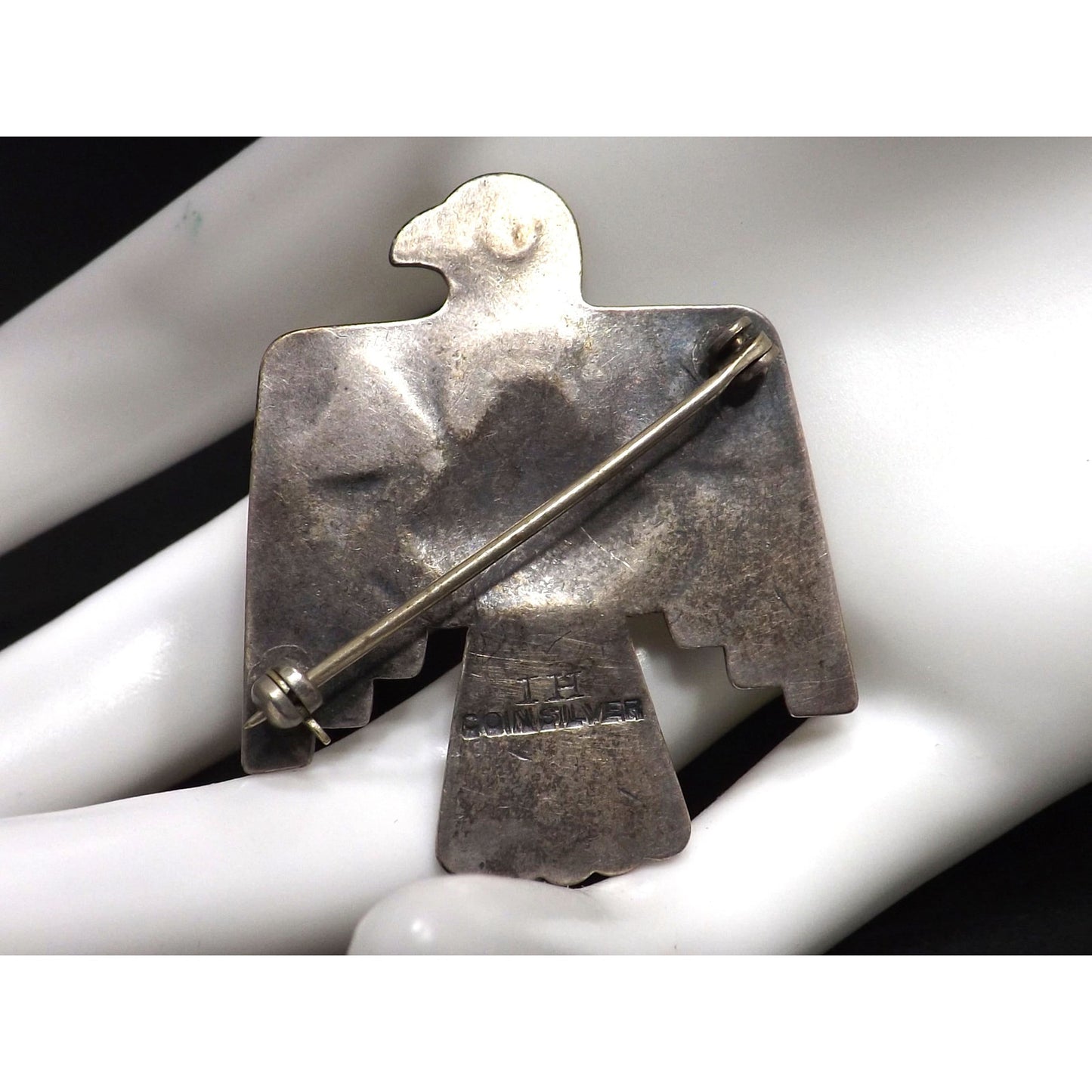Thunderbird IH Coin Silver Brooch, Indian Handcrafts Shop Trademark, Vintage Jewelry Pin