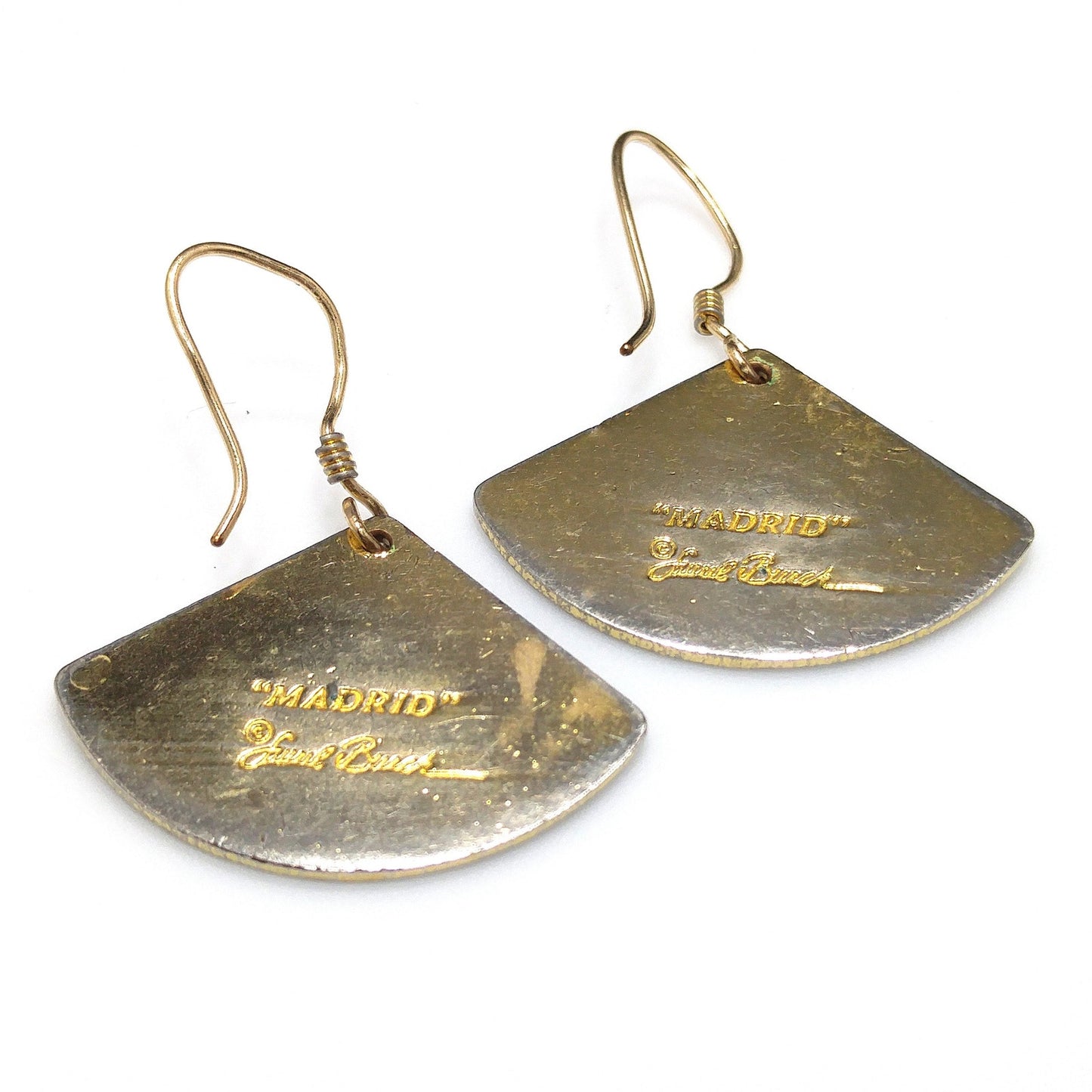 Vintage Laurel Burch Black White Gold Fan Drop Earrings, Gold Plated Enamel
