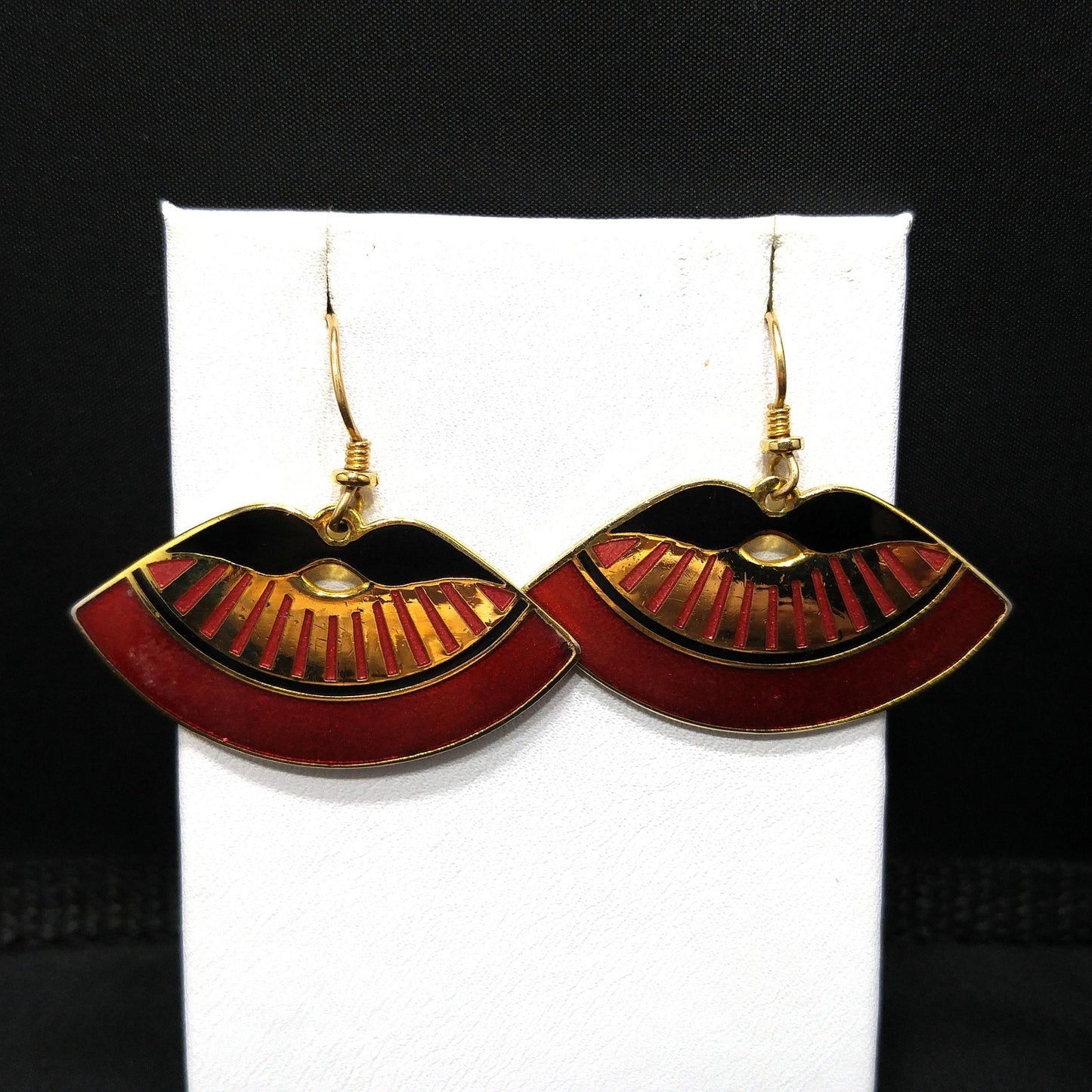 Laurel Burch Metallic Red Fan Earrings, Cloisonne Gold Plate Enamel, 1980s Vintage Jewelry