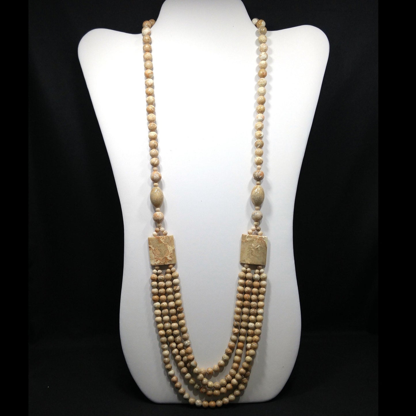 Gemstone Long Beaded Necklace, No Clasp, Four Strands in Front, 1970s Vintage Jewelry