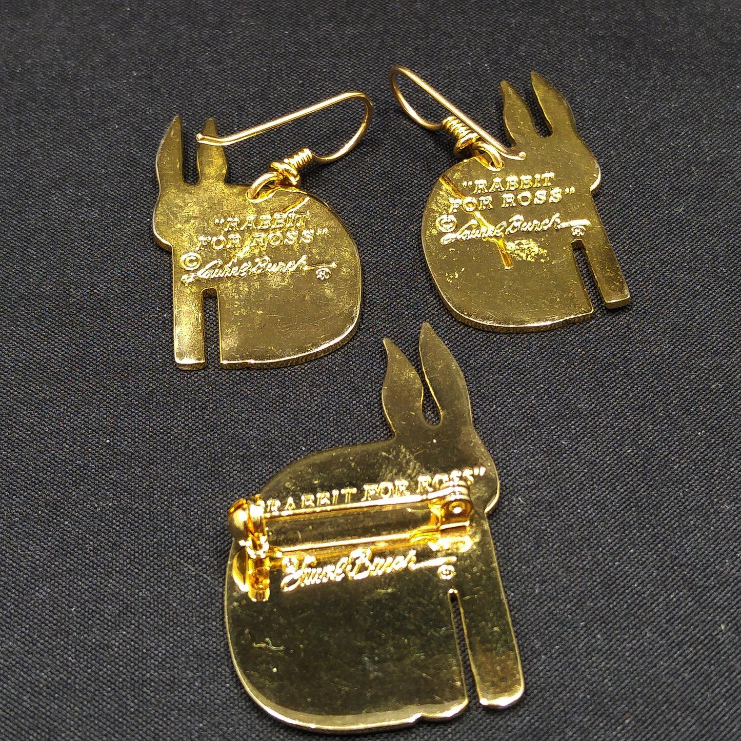 Laurel Burch "Rabbit For Ross" Brooch & Earring Set, Rainbow Enamel, Gold Plated, 1980s