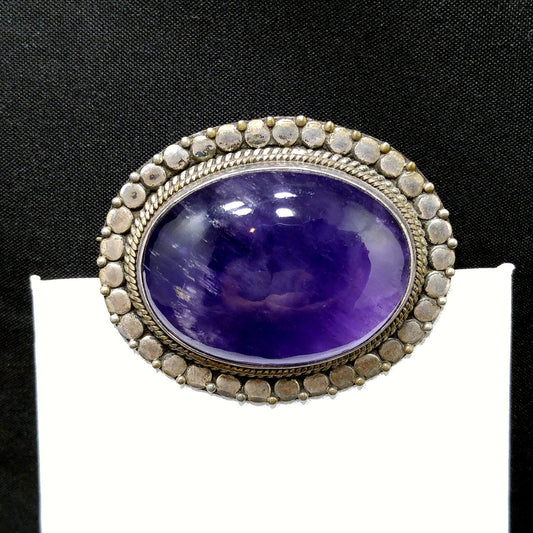 Antique Silver Purple Amethyst Brooch, Stamped 925, C Clasp, 1920s Vintage Jewelry