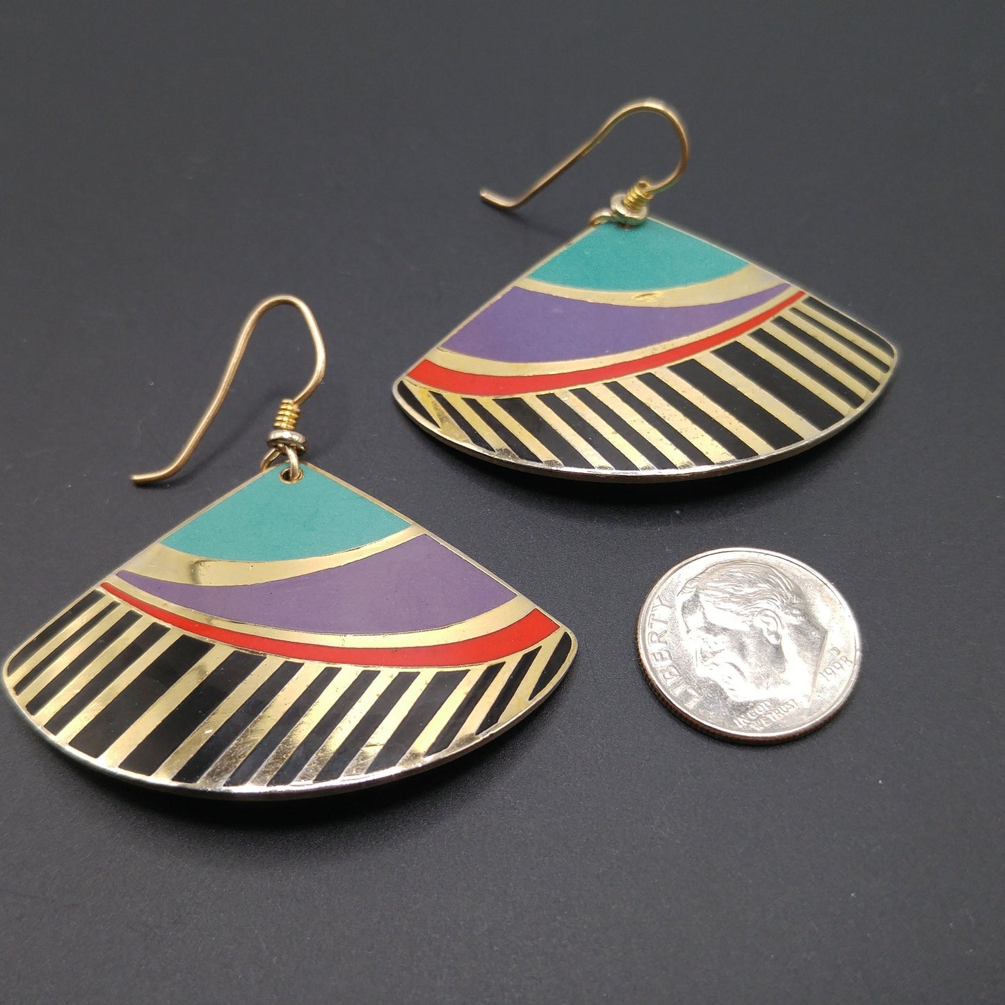 Vintage Laurel Burch Madrid Fan Earrings, Gold Plated, Teal Purple Black Enamel