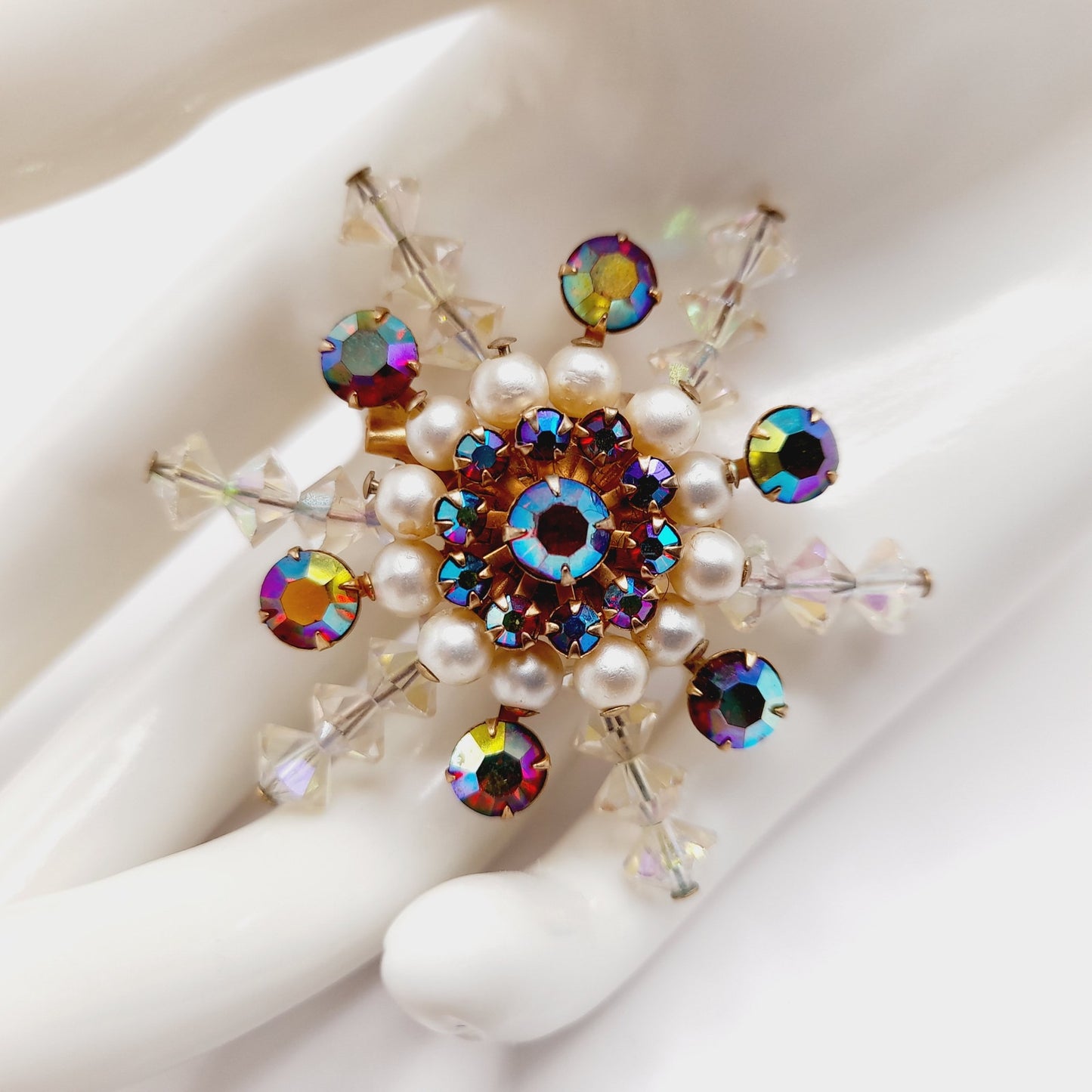 Vintage Snowflake Faux Pearl Red Rhinestone Clear Crystal Beaded Brooch - 2”