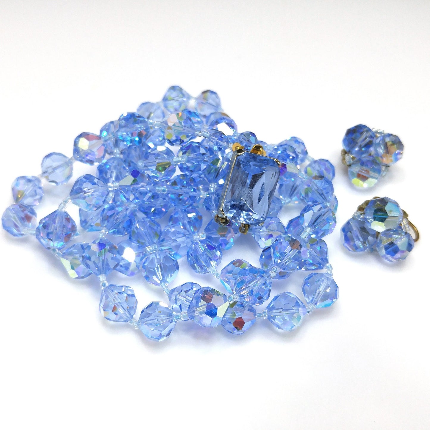 Light Blue Crystal Necklace Clip Earrings Set, Aurora Borealis, 1960s Vintage Jewelry