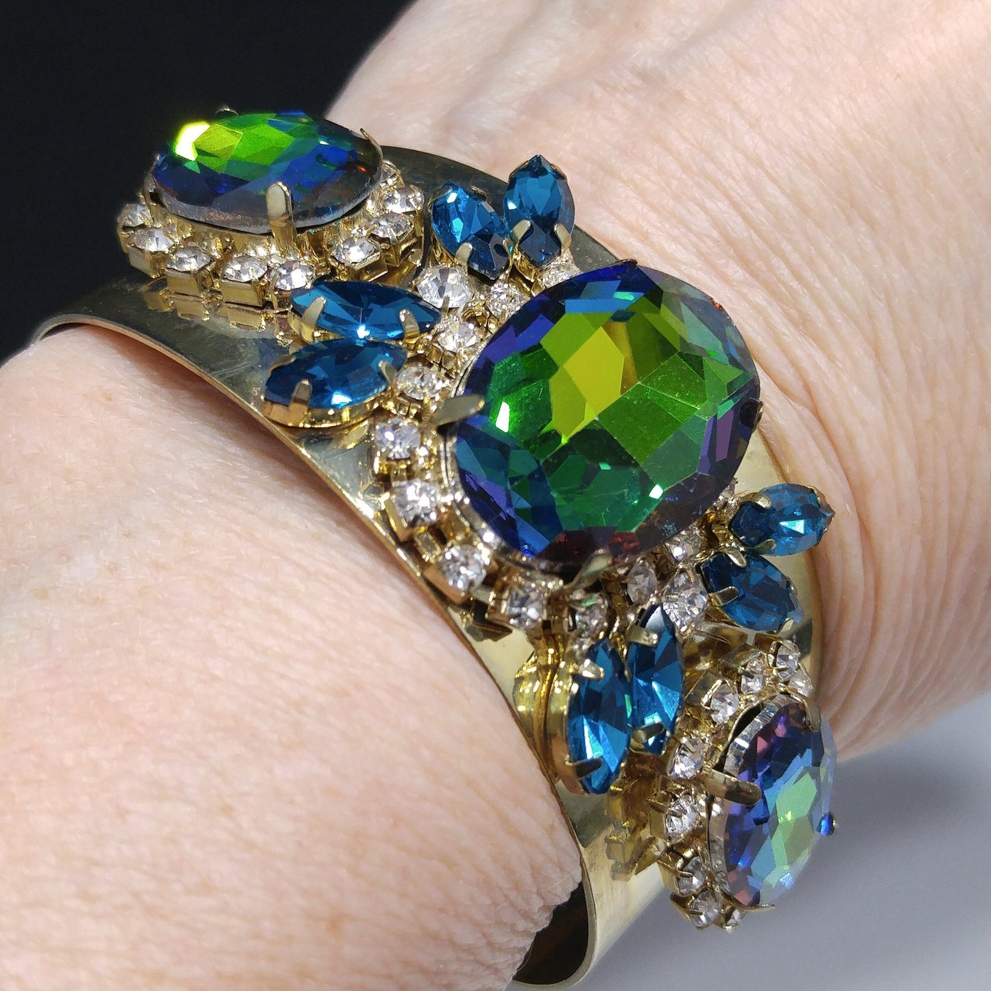 Brass Cuff Bracelet, Watermelon Crystal Rhinestones, Golden Brass, Clear & Sapphire Blue Rhinestones, Vintage Jewelry