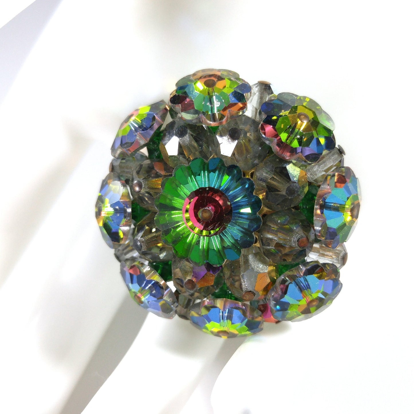 Margarita Rhinestone Round Brooch, Green Pink Blue Floral Crystals, 1960s Vintage Jewelry