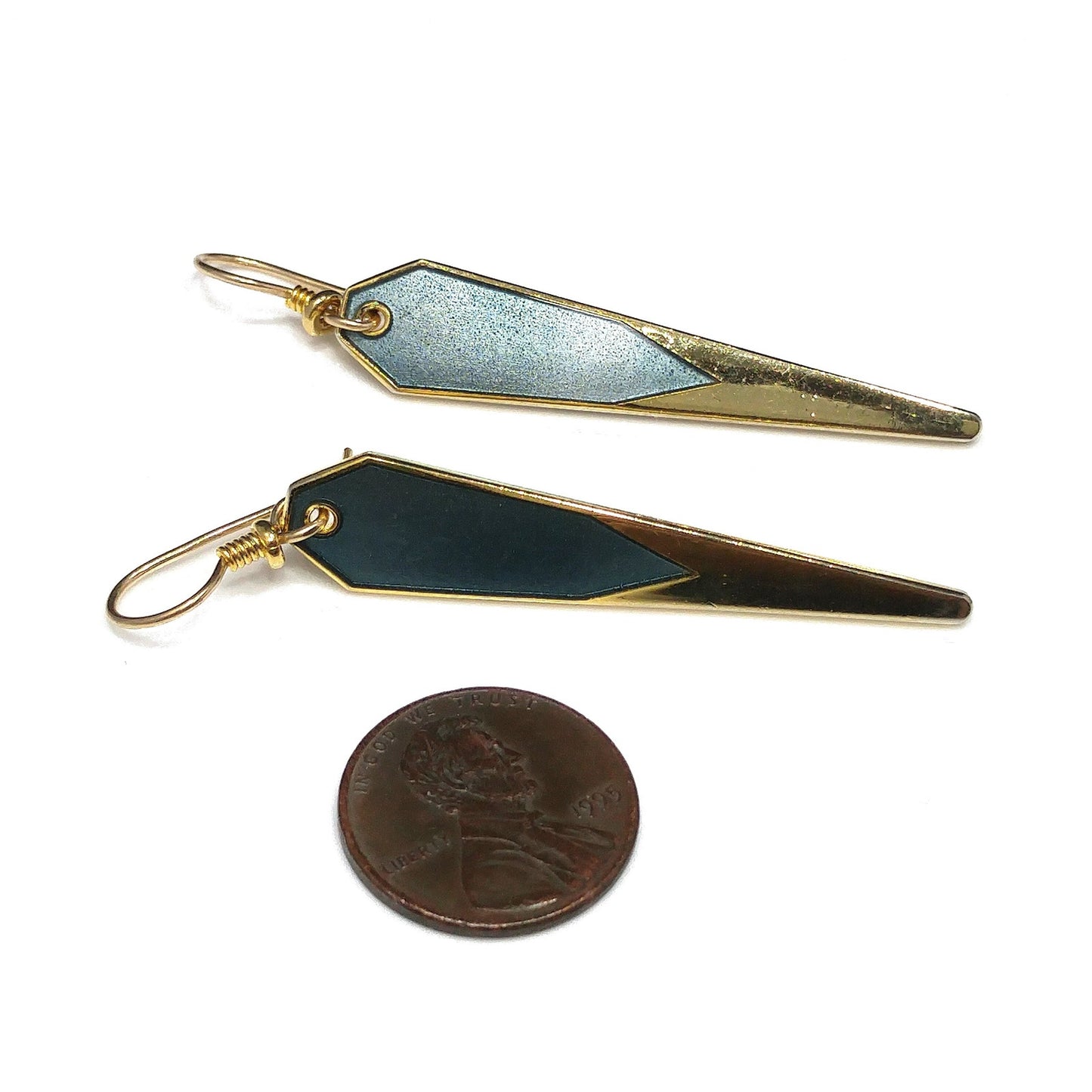 Vintage Laurel Burch Blue Metallic Long Earrings, Gold Plated