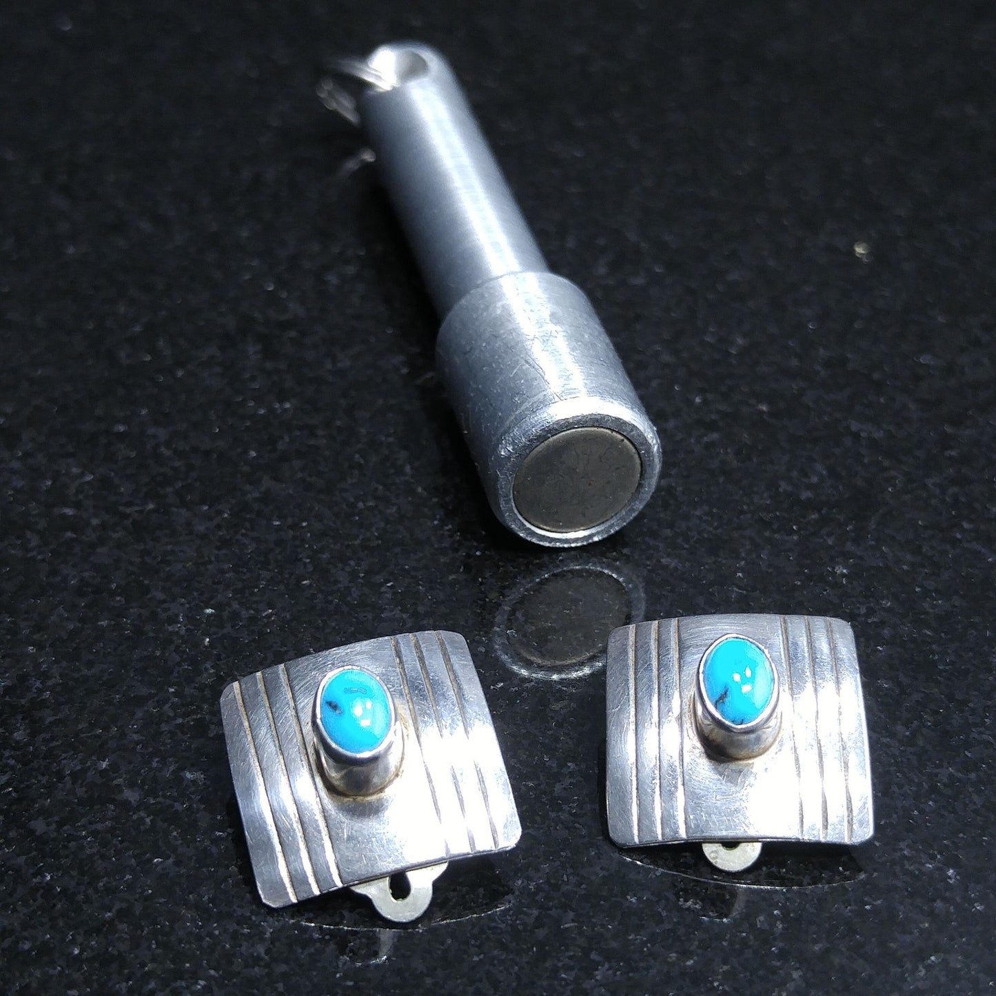 Navajo Frank Ramone Sterling Turquoise Earrings, Small Clip On Earrings, 1970s Vintage Jewelry