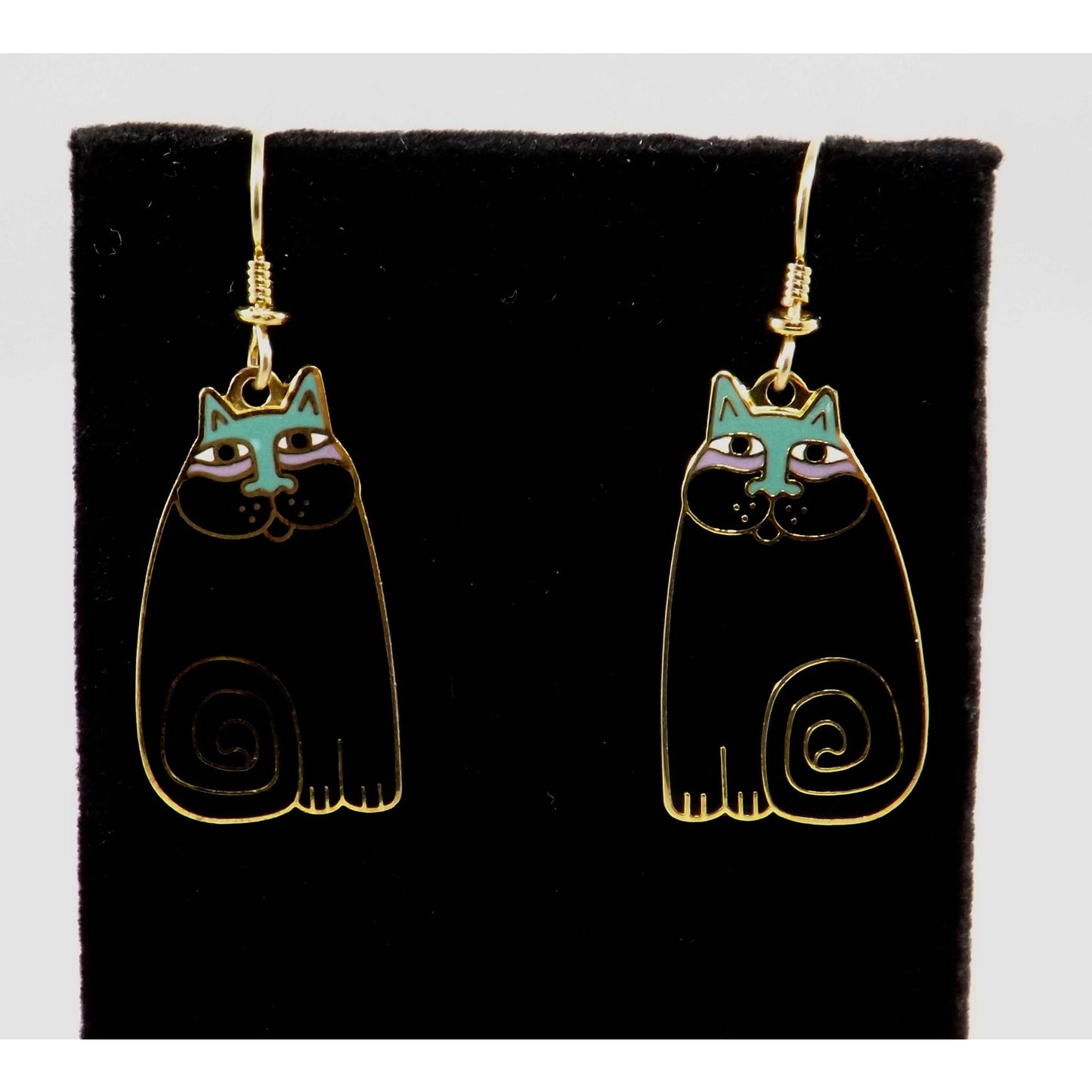 Laurel Burch "Olivia" Cat Earrings, Gold Plated, Black Enamel, 1980s Vintage