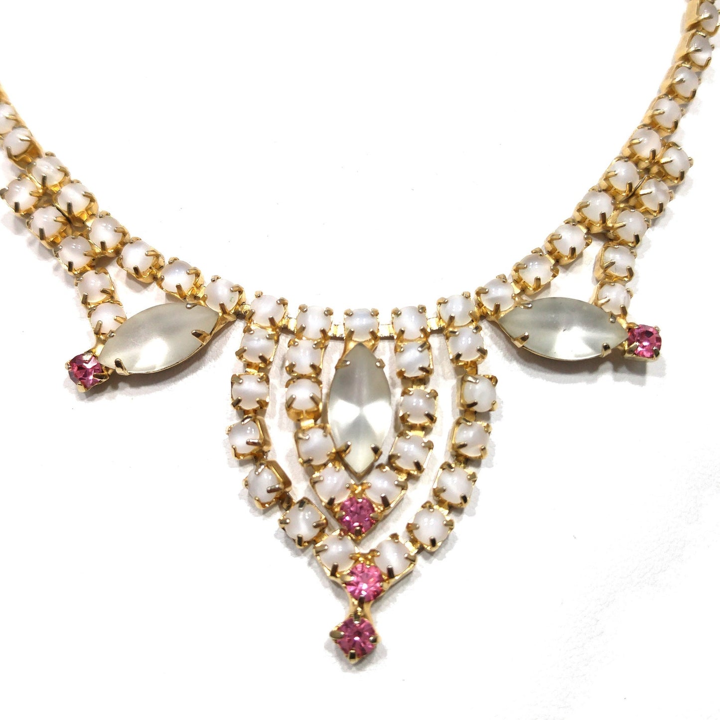 Frosty White Pink Rhinestone Necklace, Gold Plated, 1960s Vintage Jewelry