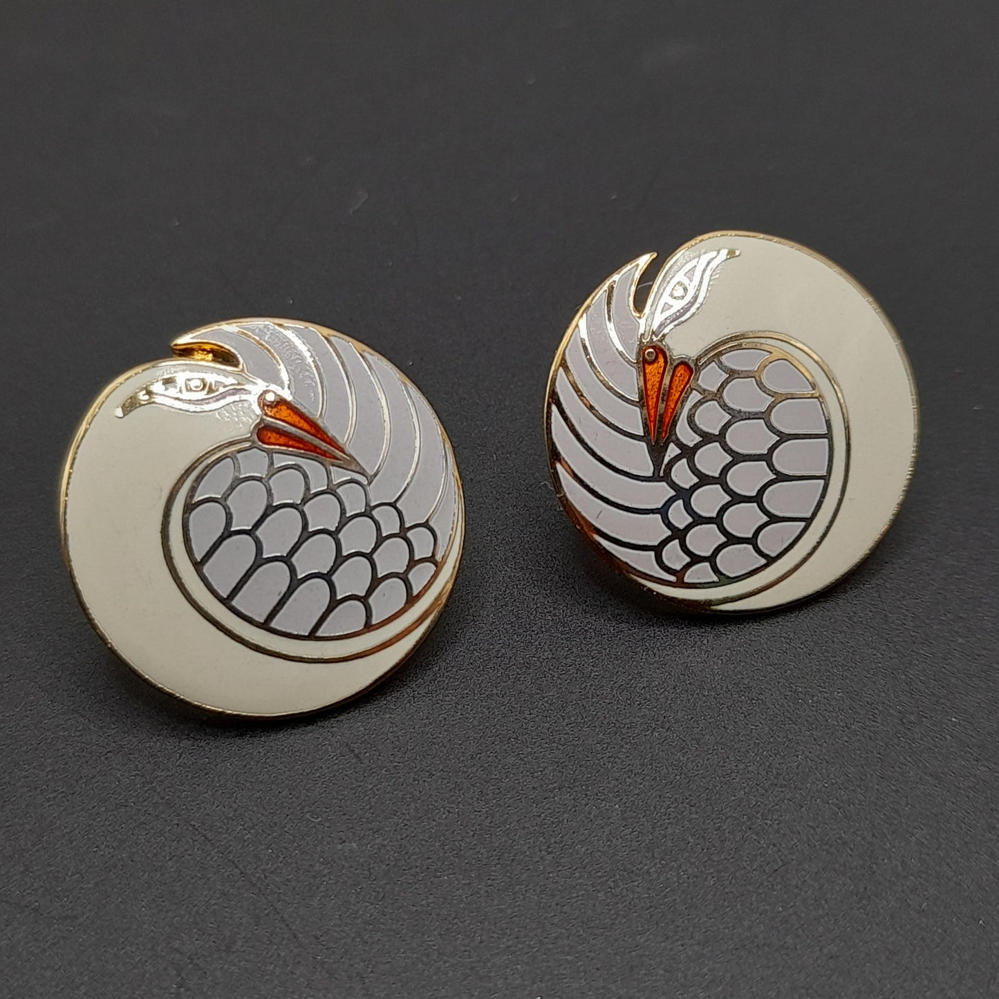 Vintage Laurel Burch Mynah Bird Earrings, Cream Orange Enamel, Gold Plated, 3/4 Inch
