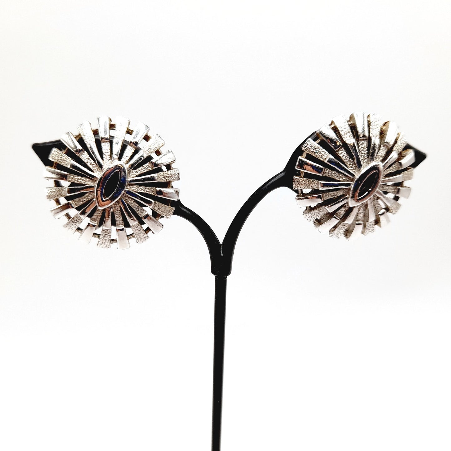 Vintage Crown Trifari Rhodium Plated Clip Earrings, Mid-Century Sunburst Jewelry