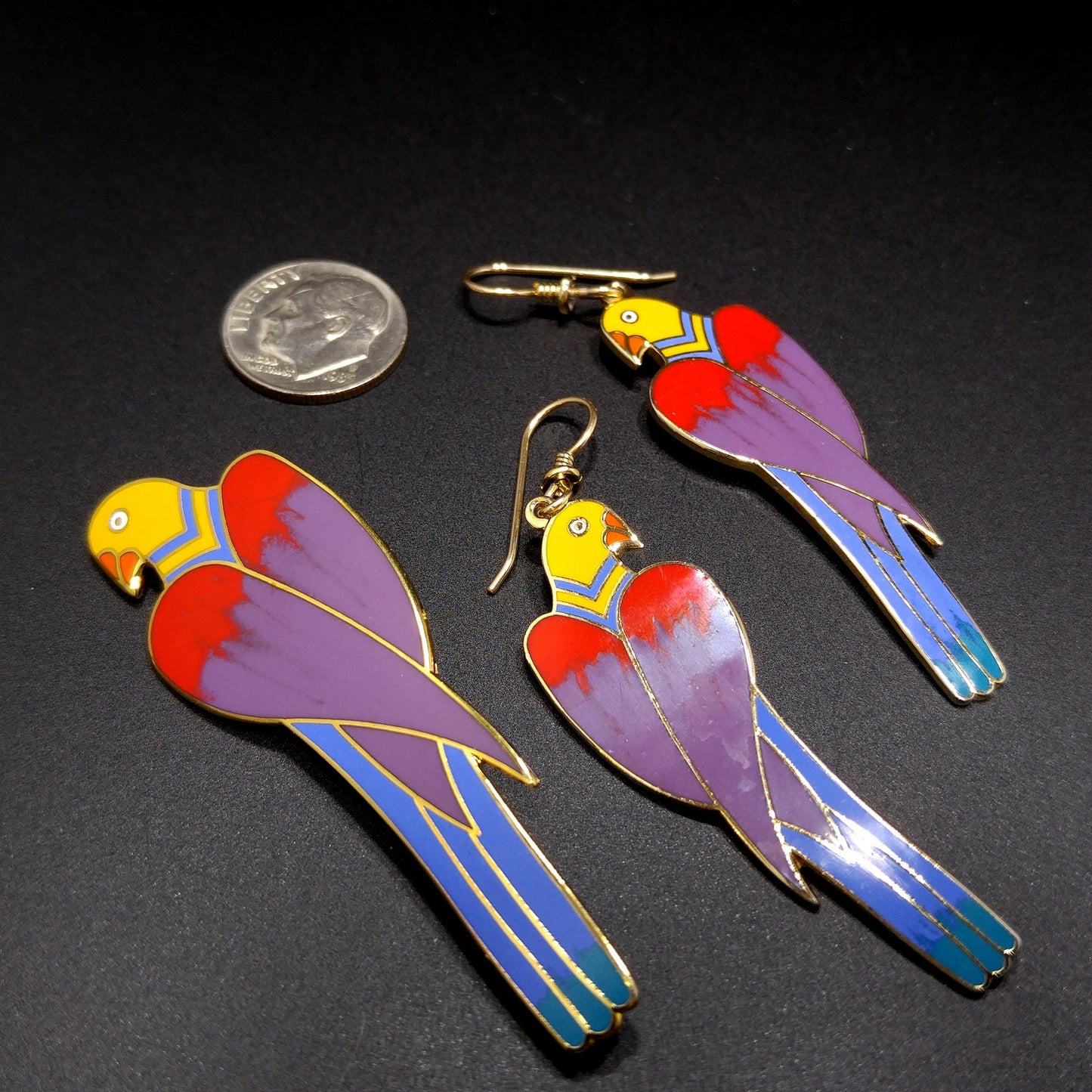 Laurel Burch Cezanne Parrot Earrings & Brooch Set, 22 KG Plated Cloisonné Enamel, 1980s Vintage Jewelry