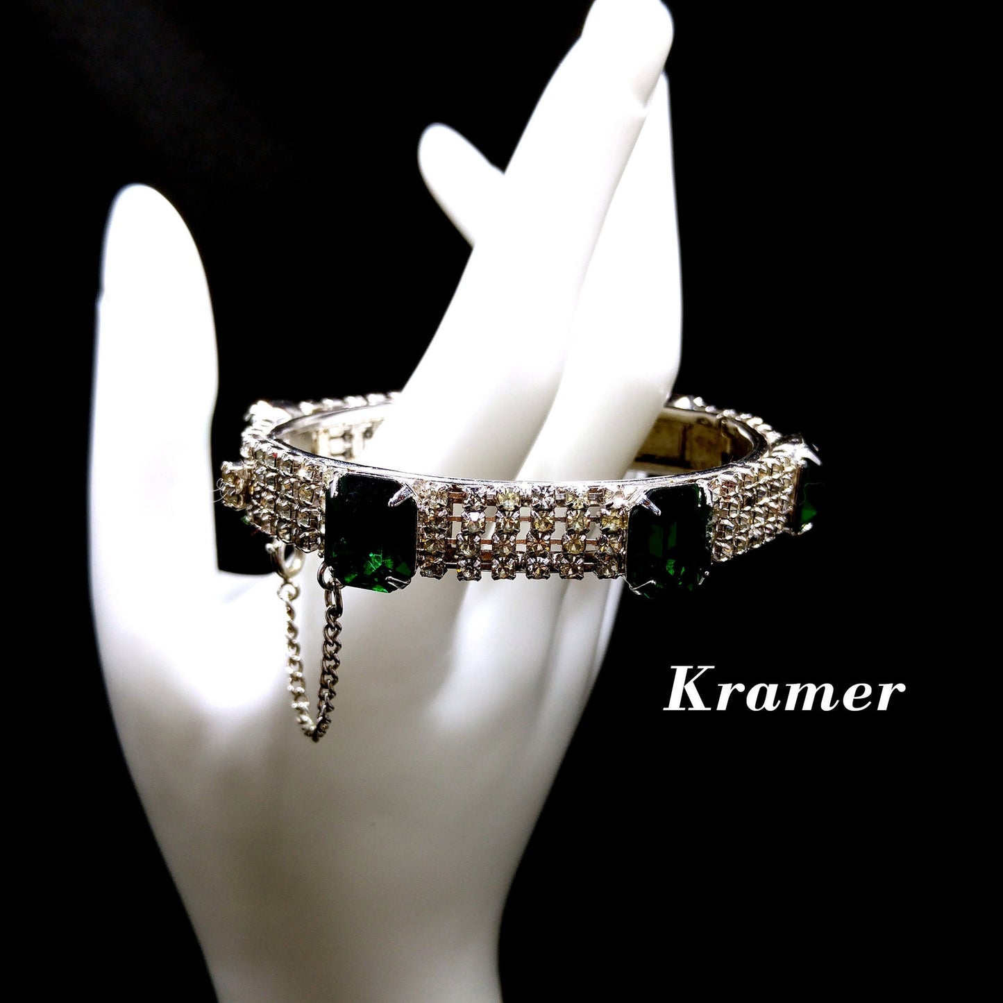 Kramer Green Rhinestone Hinged Bracelet, Safety Chain, 1960s Vintage Jewelry
