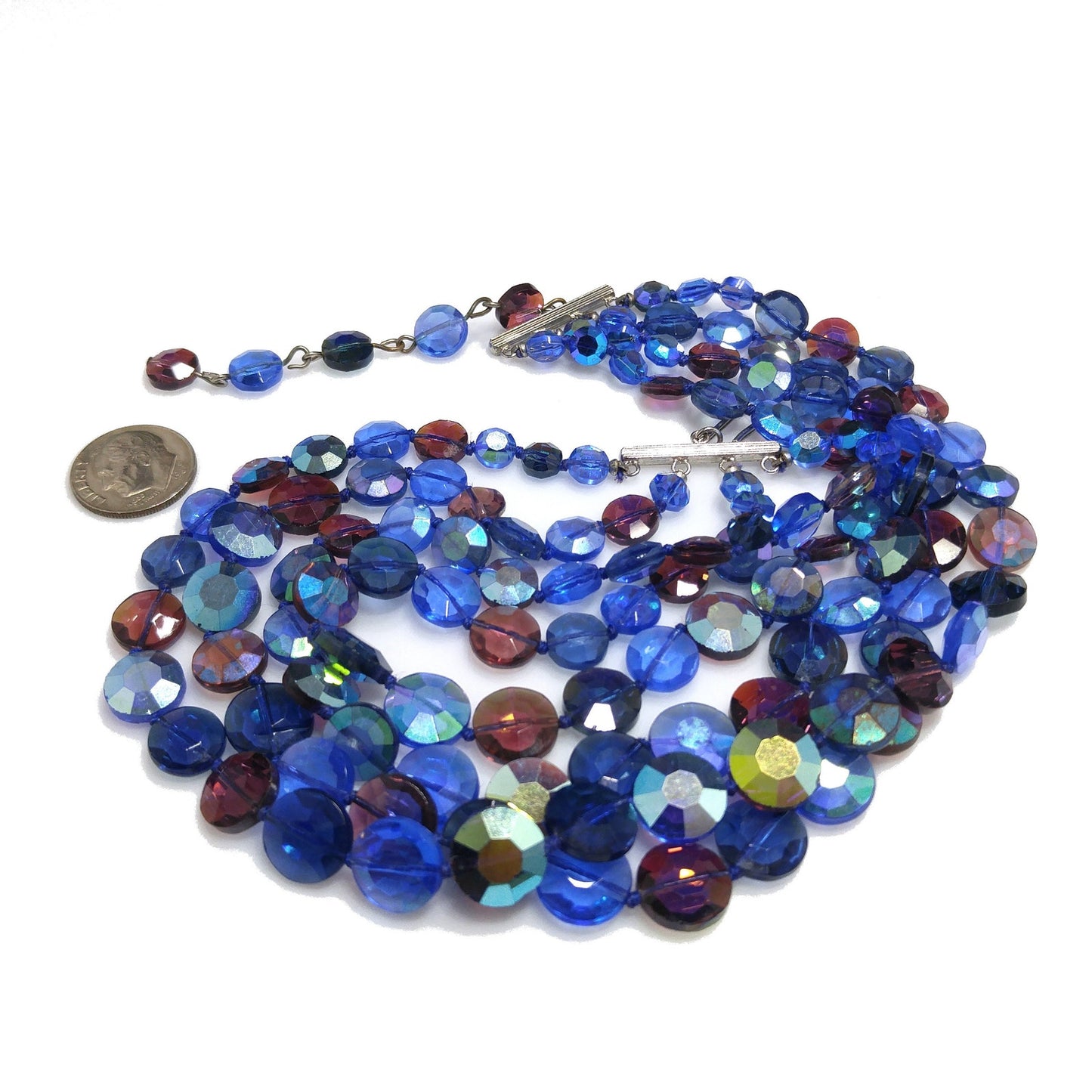 Blue Purple Aurora Borealis Necklace, Hand Knotted Four Strands, 1950s Vintage Jewelry
