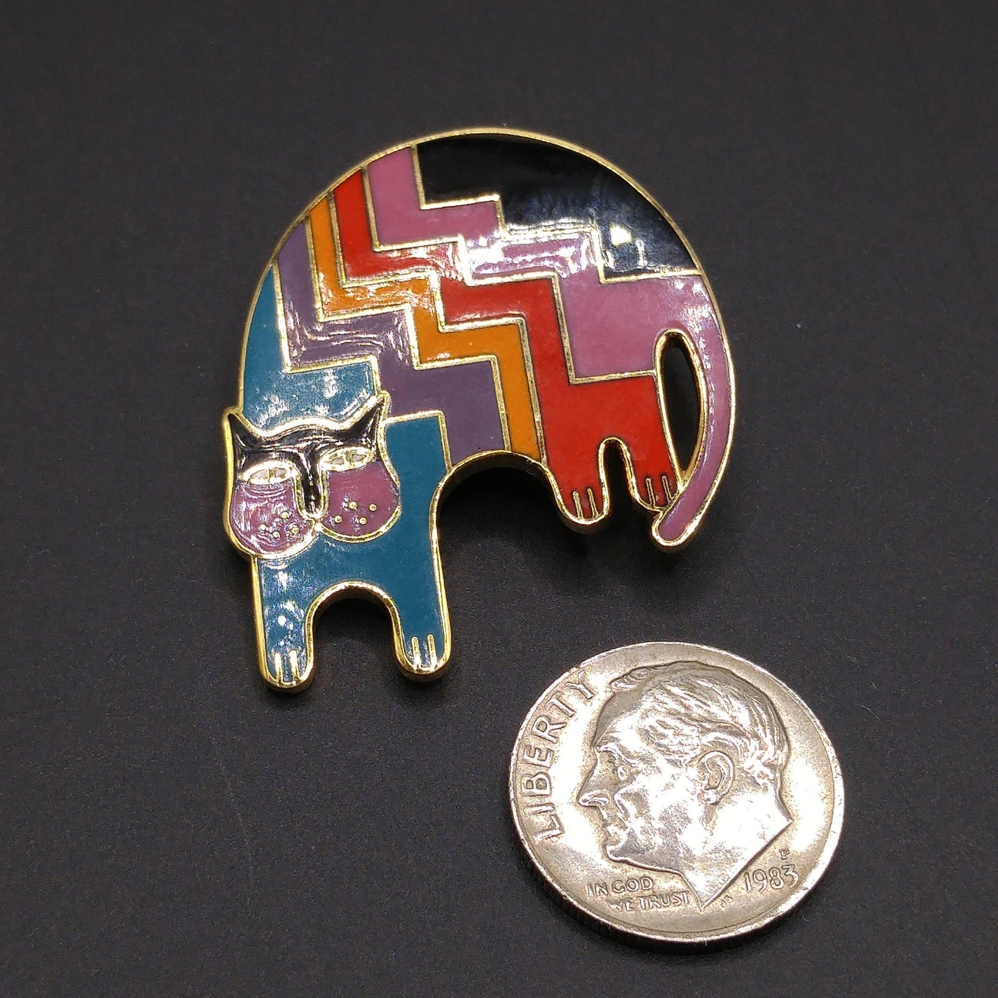 Laurel Burch "Aztec Cat" Brooch, Gold Plated, Rainbow Enamel, 1980s Vintage Jewelry