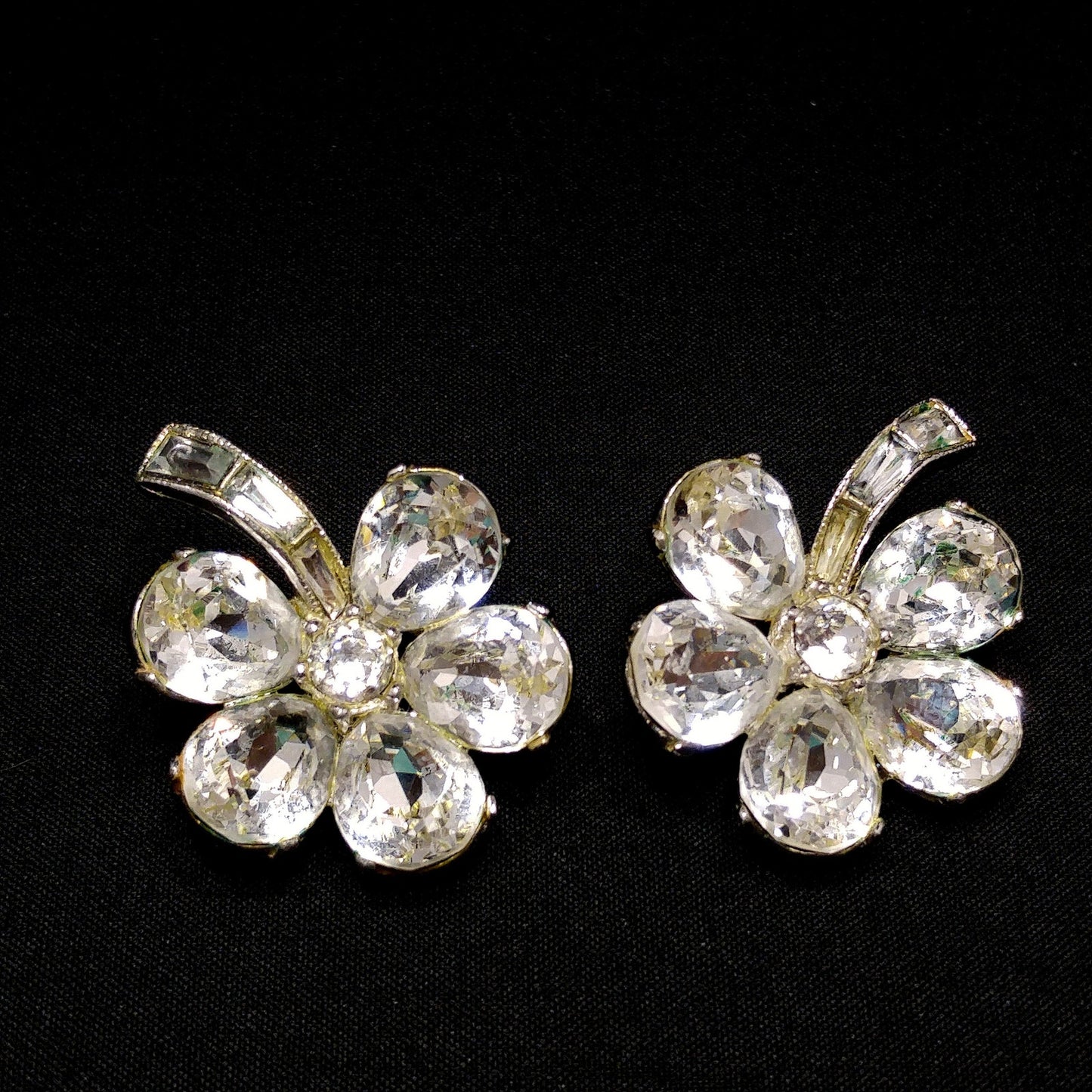 Bogoff Clear Rhinestone Floral Earrings, Rhodium Plated, Wedding Earrings, 1950s Vintage Jewelry
