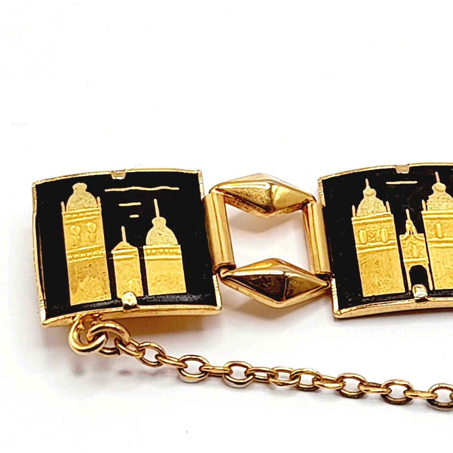 Vintage Damascene Castle Link Bracelet, Spanish Gold Black Jewelry, 7 Inch Chain
