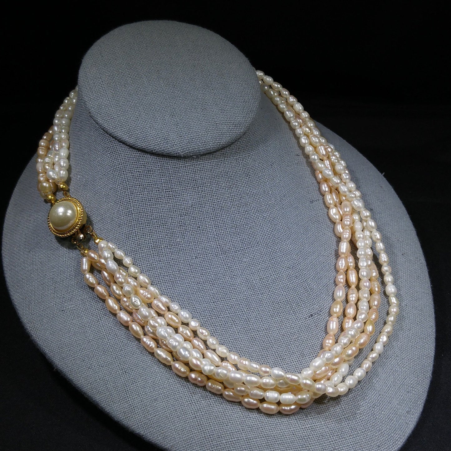 Fresh Water Pearl Necklace, 6 Strands, Silver Gold Plated Clasp, 1980s Vintage Jewelry
