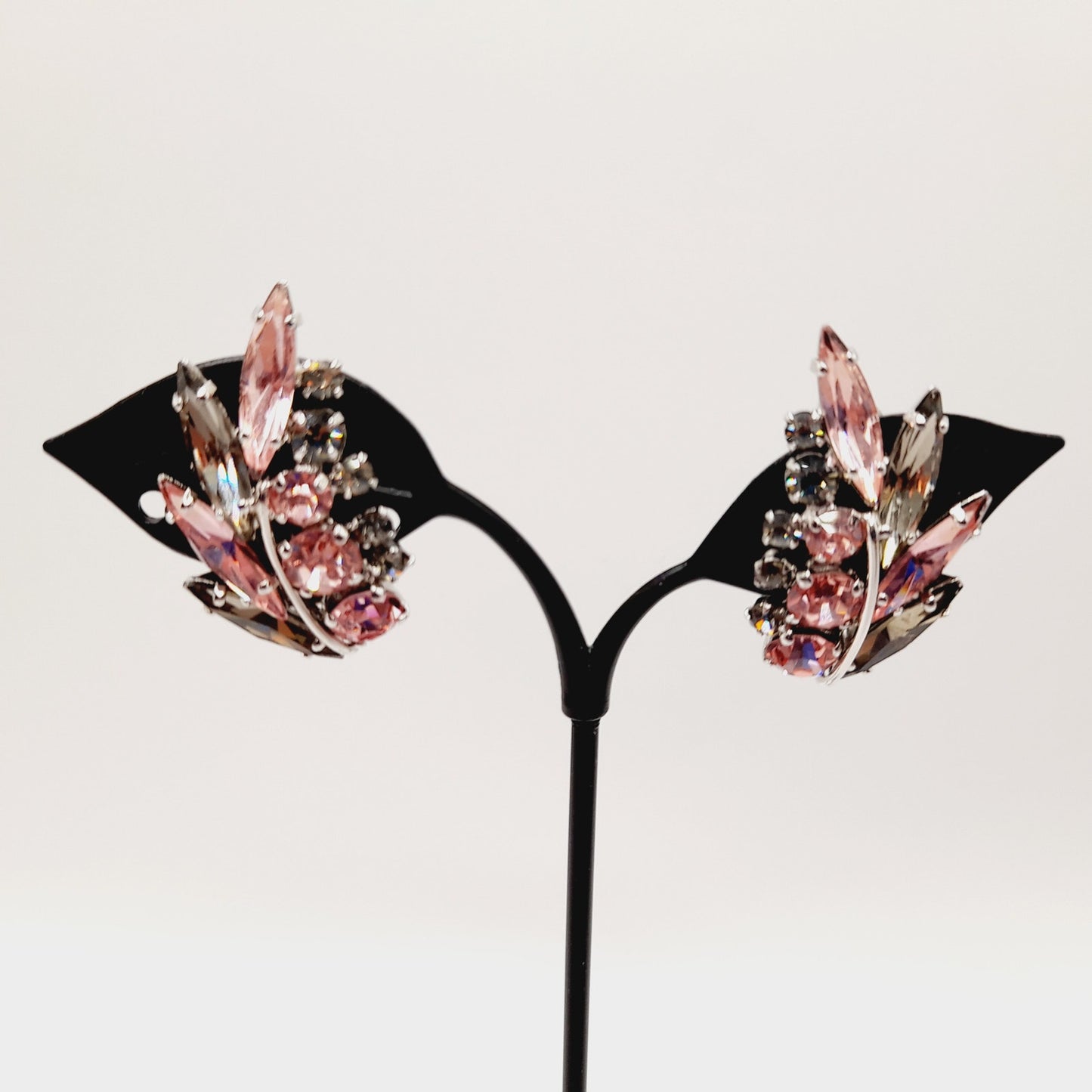 Vintage Sherman Pink Silver Floral Spray Rhodium Plated Clip Earrings