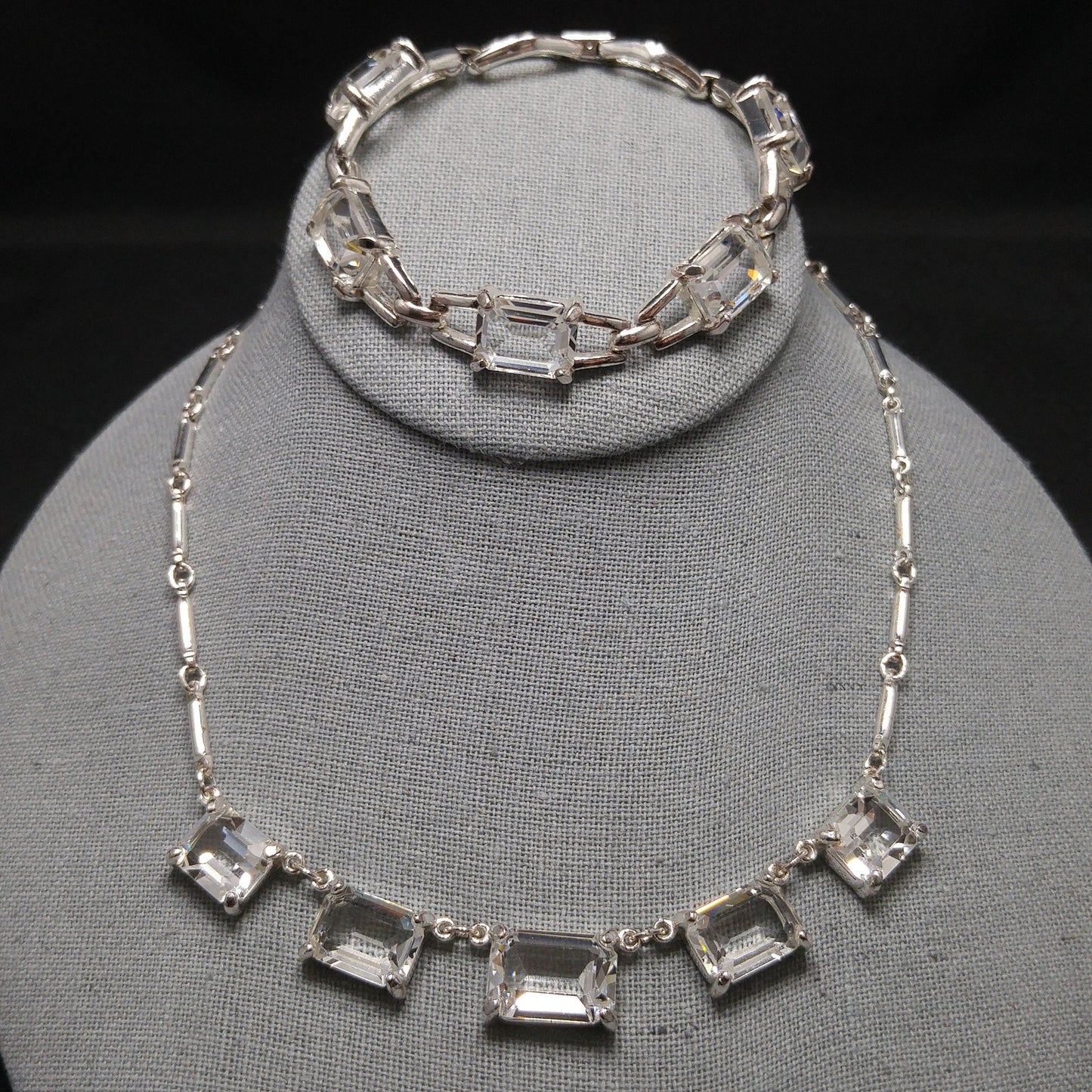 Vintage Swarovski Swan Logo Emerald Cut Crystal Necklace & Bracelet Set 1990s