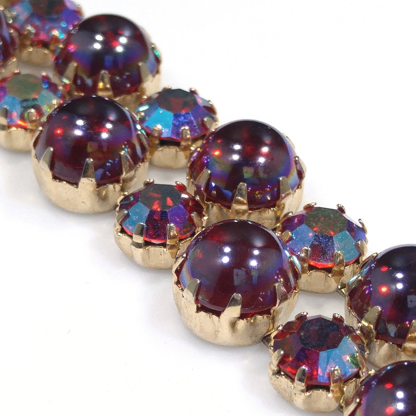 Mid-Century Red Aurora Borealis Rhinestone Cabochon Bracelet, Gold Plated, 1960s Vintage Jewelry
