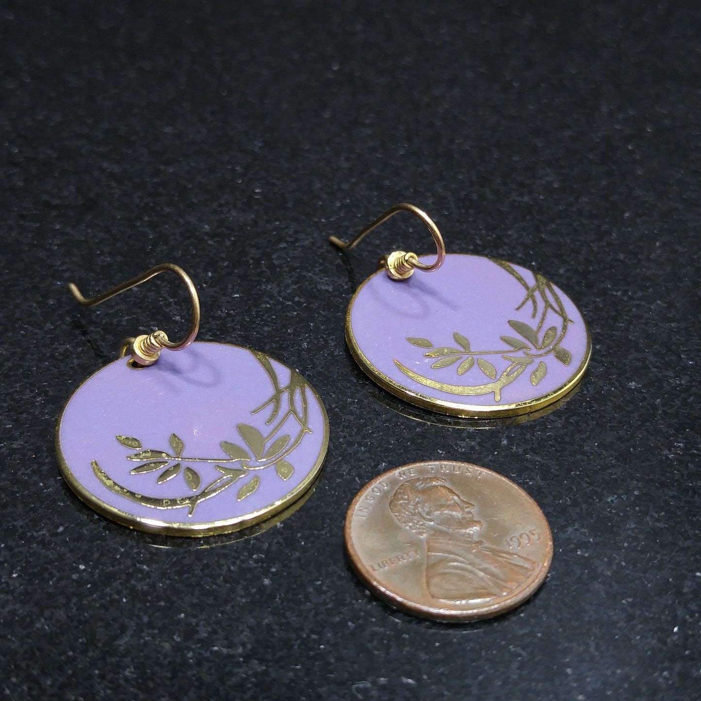 Vintage Laurel Burch Lavender Floral Earrings, Gold Plated Cloisonne