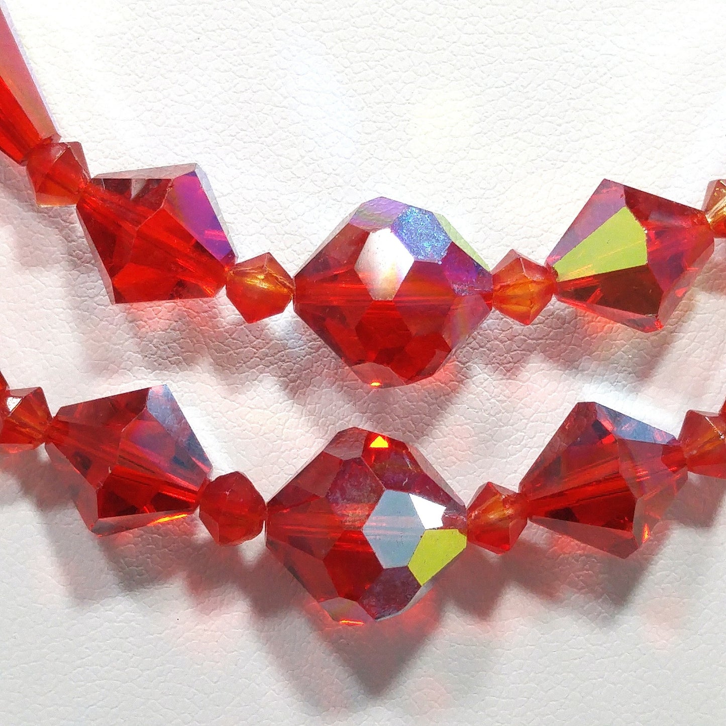 Red Aurora Borealis Crystal Beaded Necklace, Two Strands, 1950s Vintage Jewelry