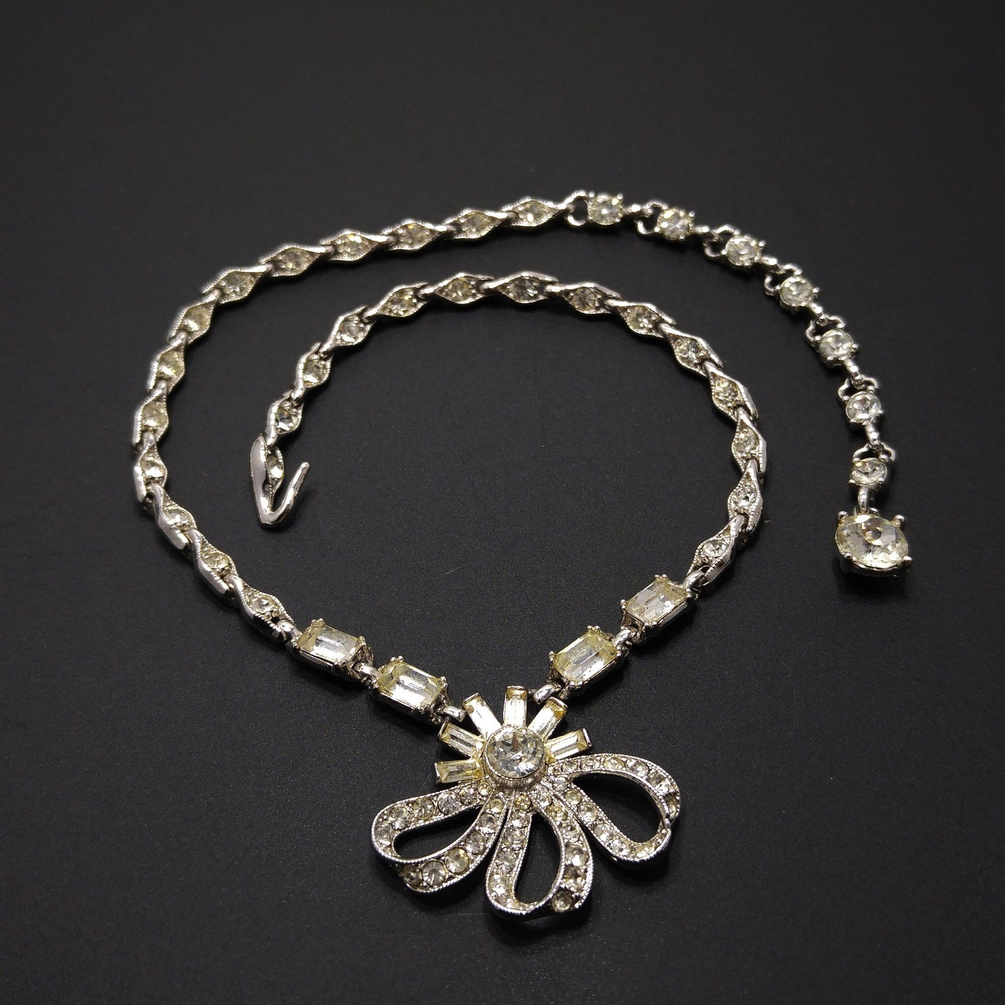 Bogoff Clear Rhinestone Pendant Choker Necklace, Rhodium Plated, 1950s Vintage