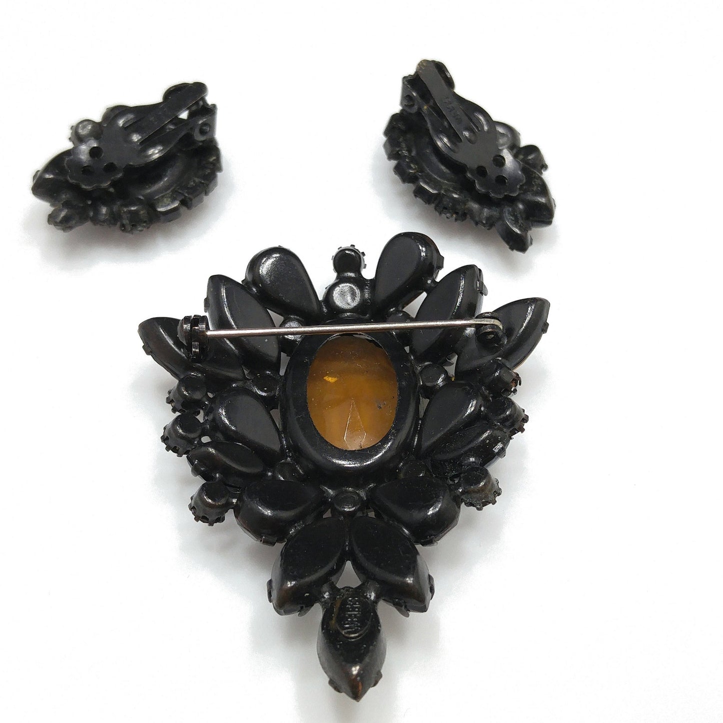 Vintage Weiss Japanned Topaz Rhinestone Brooch & Earrings