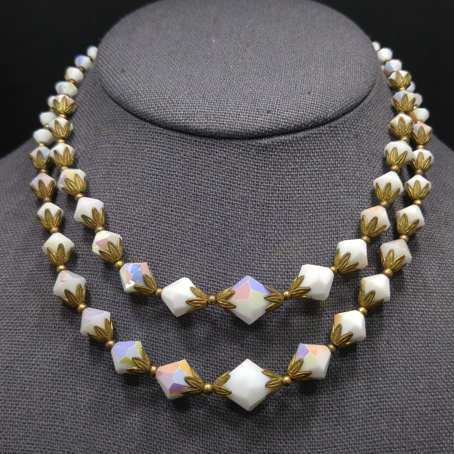 White Crystal Fire Polished Two Strand Necklace, Golden Brass End Caps, 1950s Vintage Jewelry