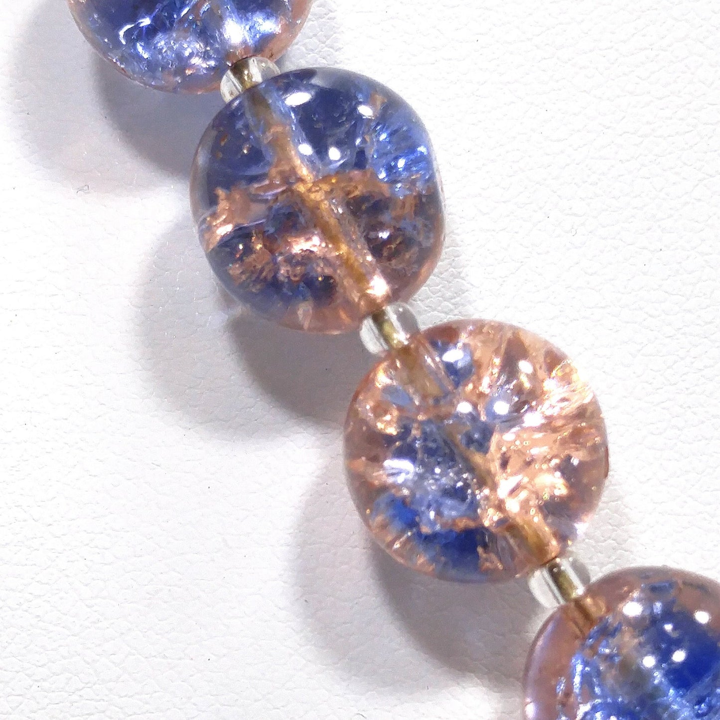 Blue Pink Crackle Glass Beaded Necklace, Filigree Brass Clasp, 1950s Vintage Jewelry