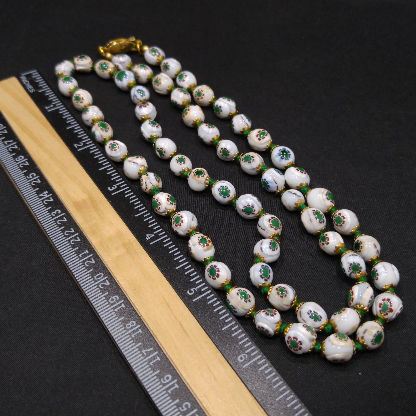 Vintage 1960s Hand Painted Floral Beaded Necklace – Green & Red Flowers – 28 In