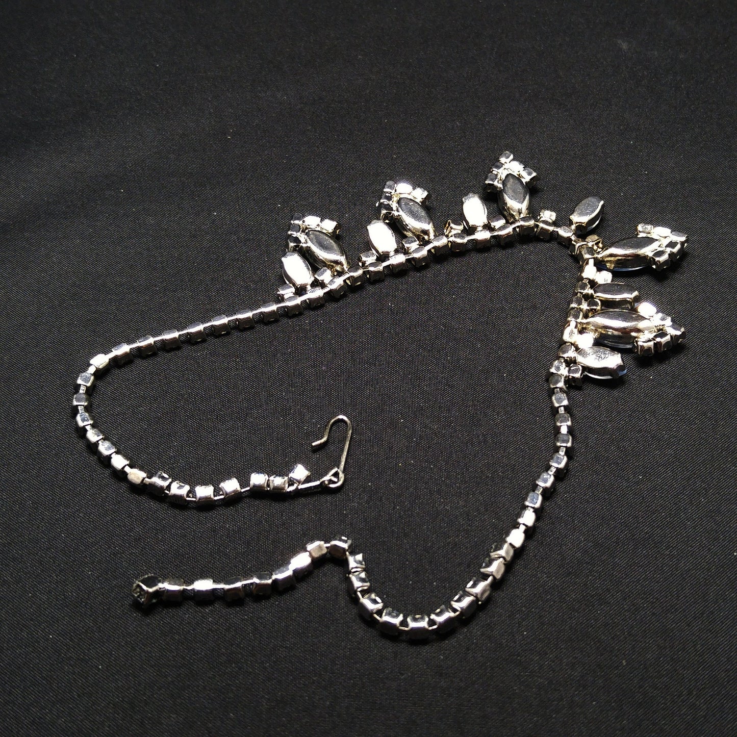 Blue Art Glass Rhinestone Necklace, Rhodium Plated, 1960s Vintage Jewelry