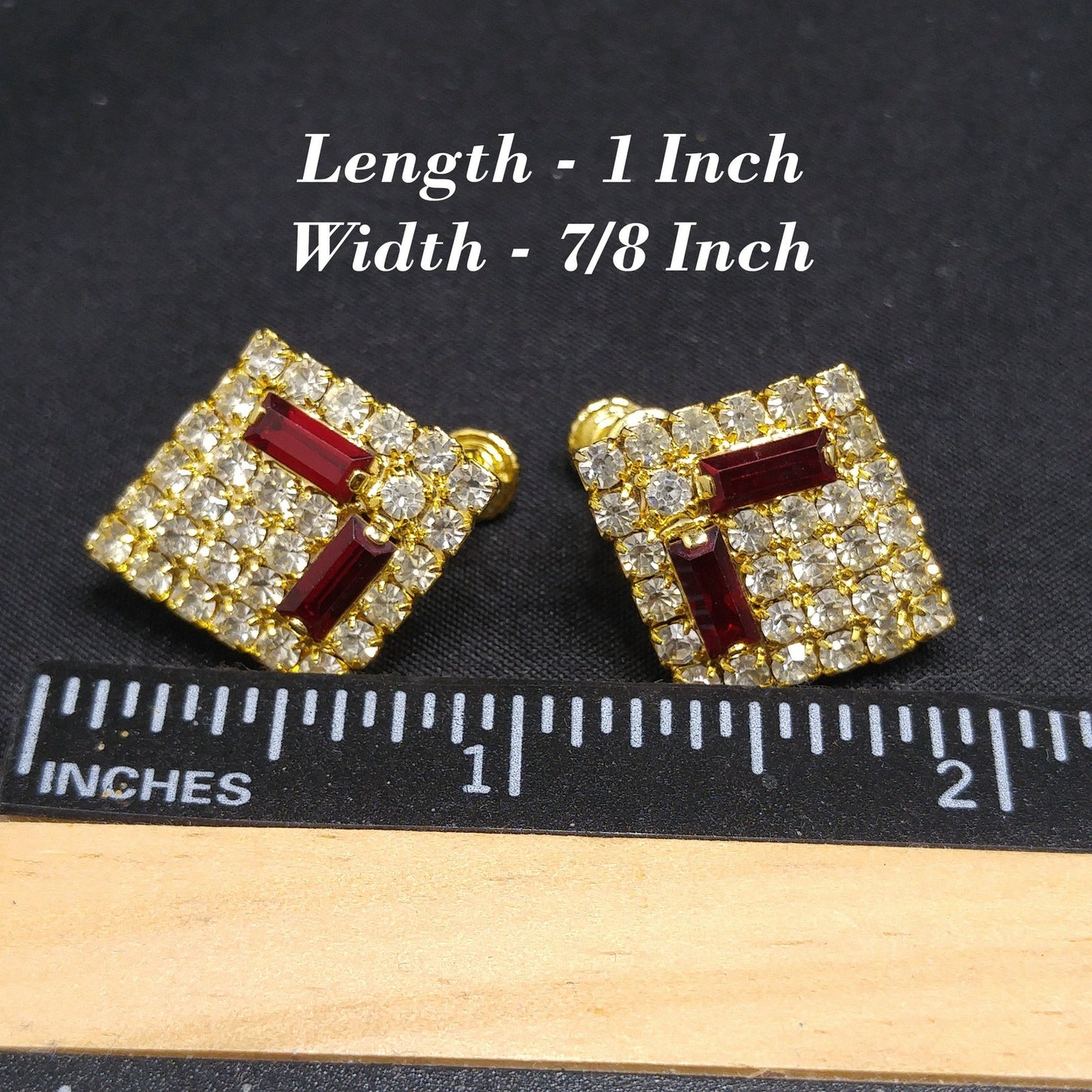 Hobe' Designer Red Clear Rhinestone Clip Earrings, Gold Plated, 1960s Vintage Jewelry