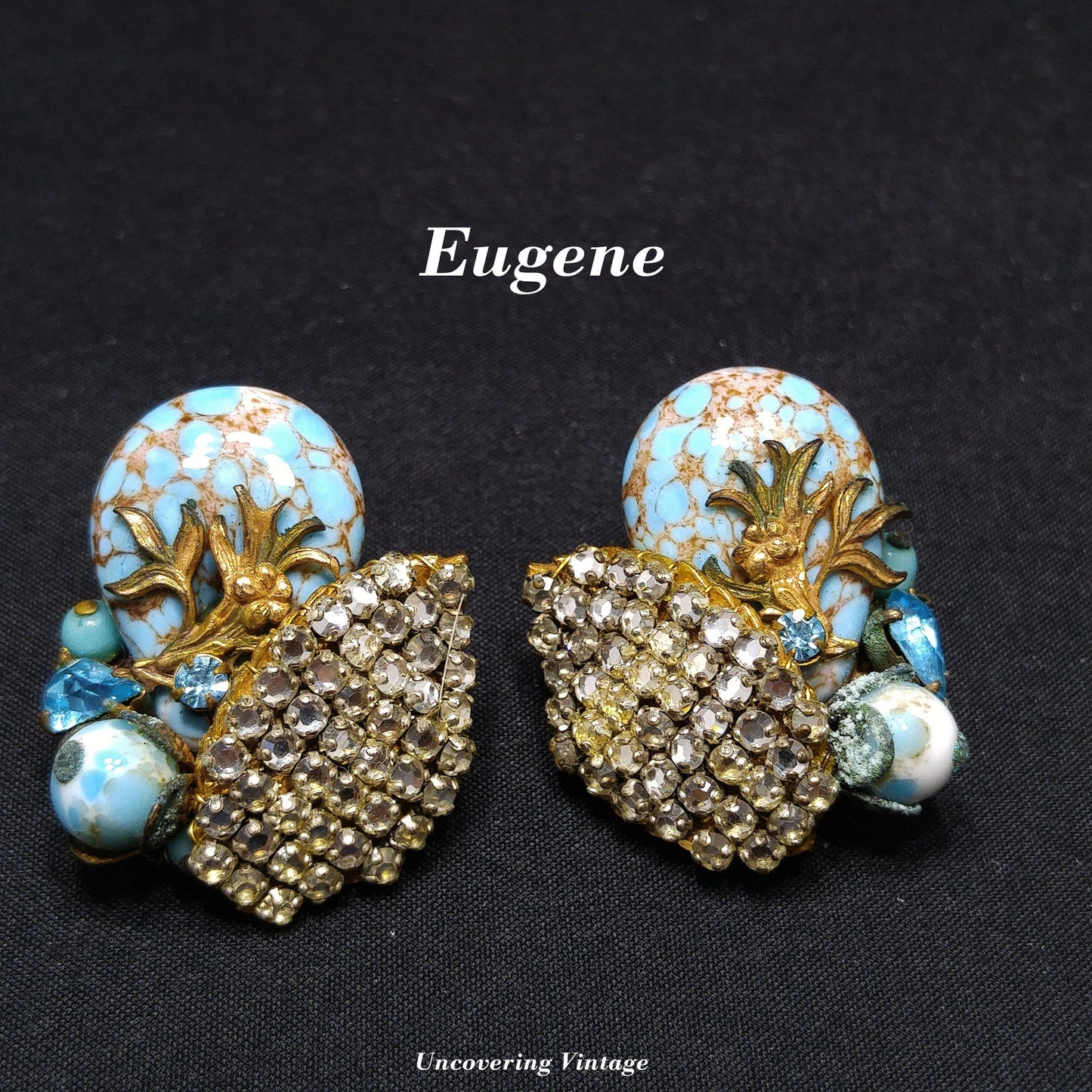 Eugene Rhinestone Art Glass Clip Earrings, Designed for Miriam Haskell, 1950s Vintage Jewelry