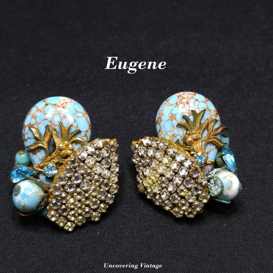 Eugene Rhinestone Art Glass Clip Earrings, Designed for Miriam Haskell, 1950s Vintage Jewelry