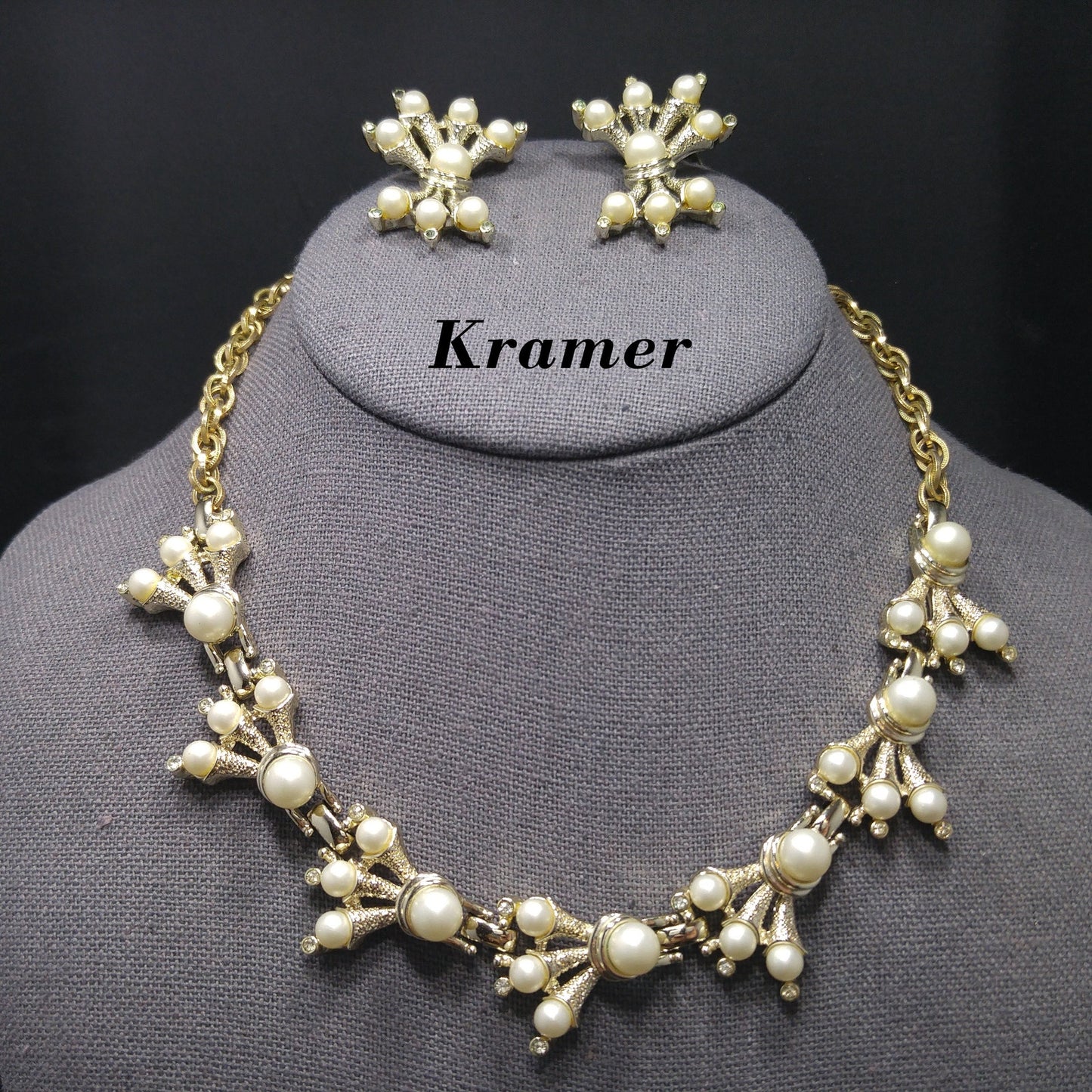 Kramer Faux Pearl Necklace Clip Earrings Set, 1960s Vintage Jewelry