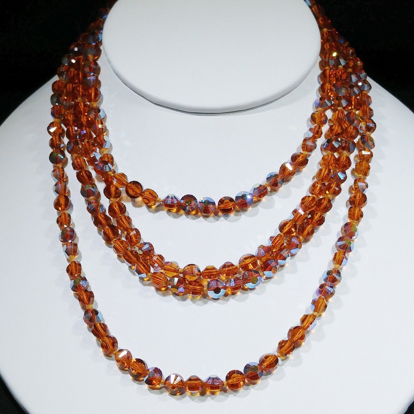 Topaz Austrian Crystal Beaded Necklace, 60 Inches, Aurora Borealis, 1960s Vintage Jewelry