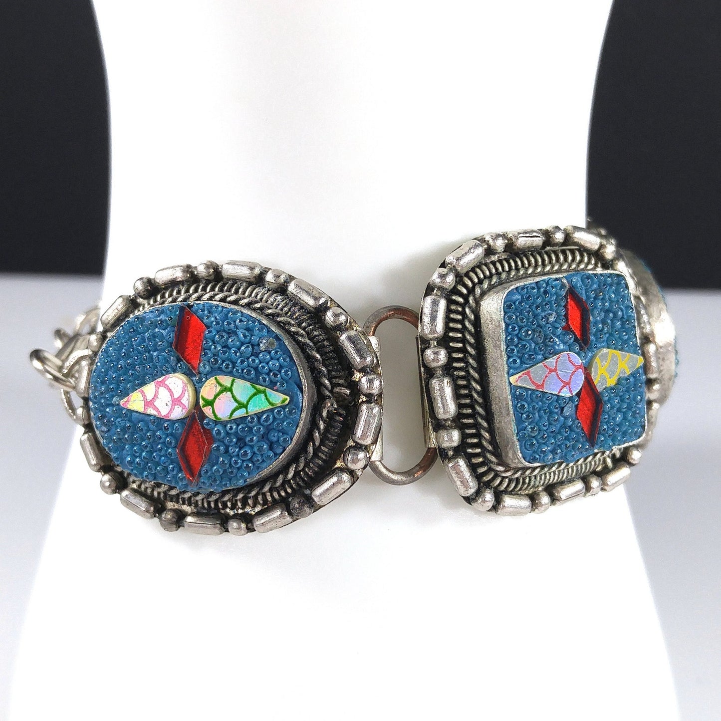 Art Crafted Five Linked Bracelet, Silver Tone, Iridescent Design, 1960s Vintage Jewelry